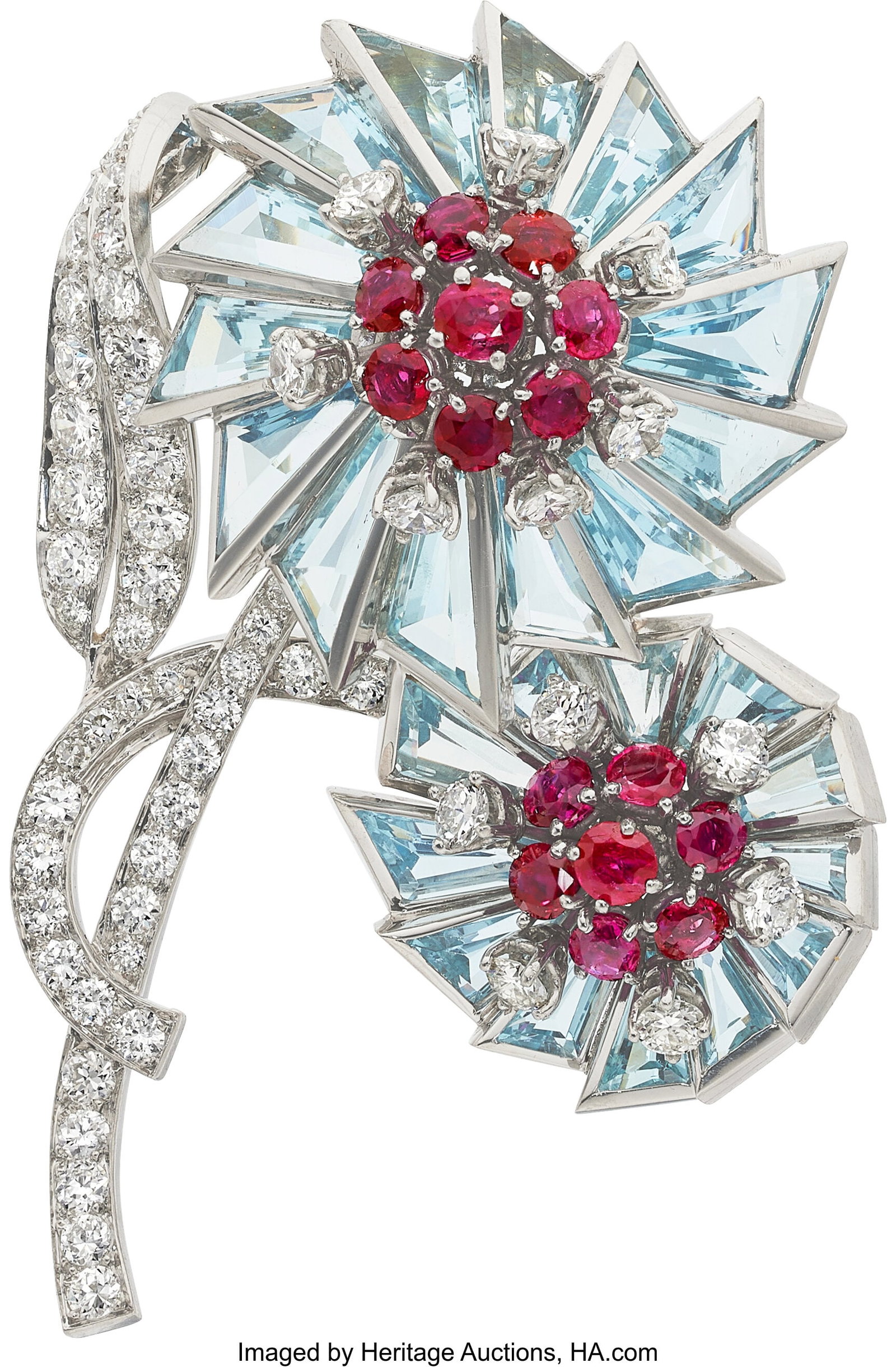 Retro Aquamarine, Diamond, Ruby, Platinum, Gold: Retro Aquamarine, Diamond, Ruby, Platinum, Gold Clip-Brooch, French Stones: Calibré and baguette-cut aquamarines; transitional-cut diamonds weighing a