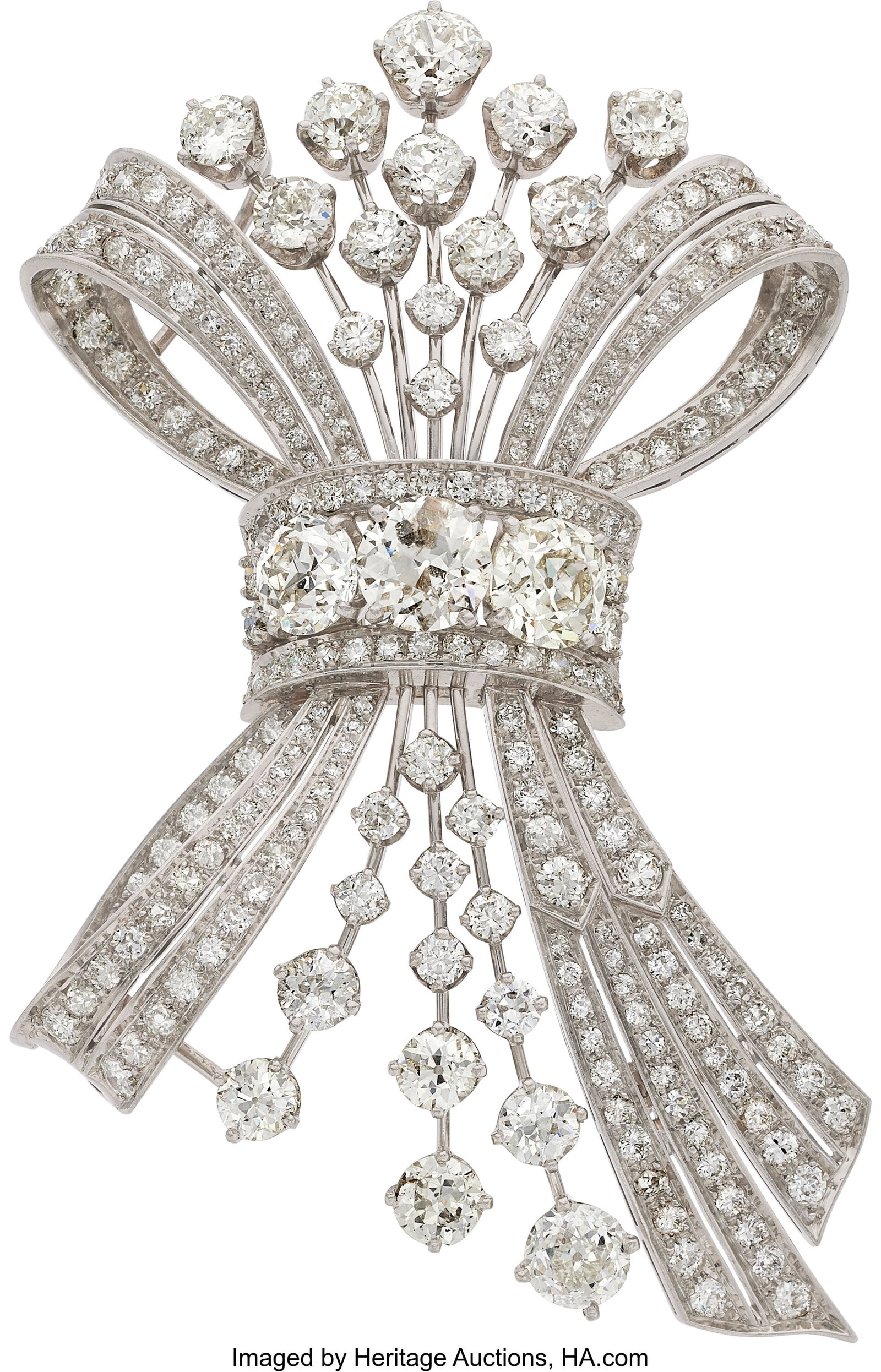 Diamond, Platinum Brooch Stones: European-cut d: Diamond, Platinum Brooch Stones: European-cut diamonds weighing a total of approximately 4.00 carats; European and transitional-cut diamonds weighing a total of approximately