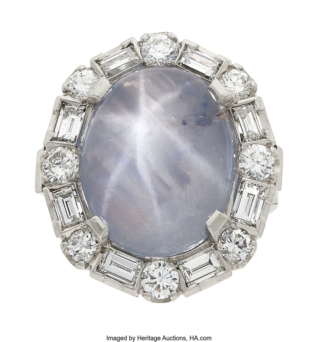 Star Sapphire, Diamond, Platinum Ring Stones: S: Star Sapphire, Diamond, Platinum Ring Stones: Star sapphire cabochon; full-cut diamonds weighing a total of approximately 0.85 carat; baguette-cut diamonds weighing