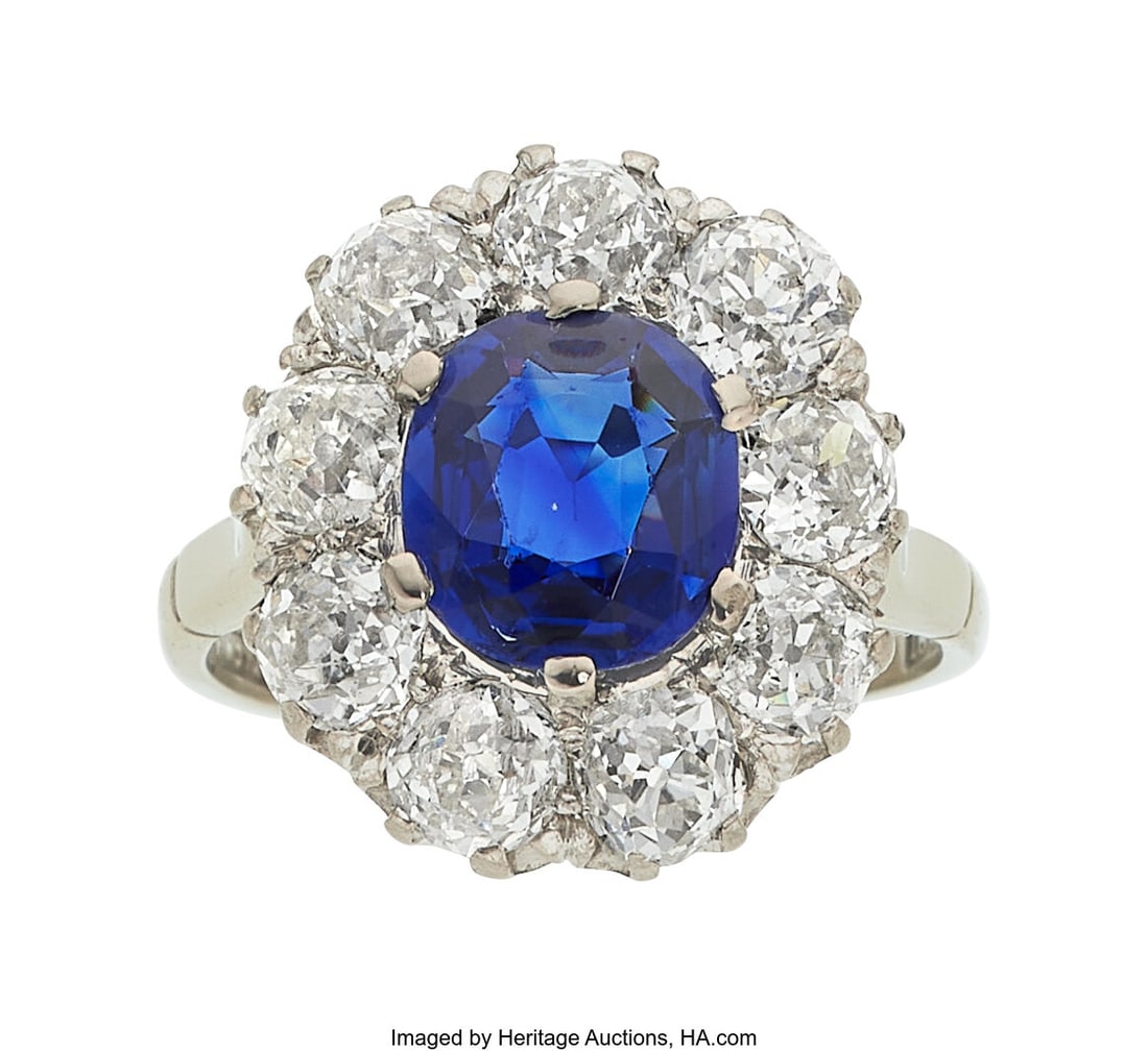 Sapphire, Diamond, White Gold Ring Stones: Cush: Sapphire, Diamond, White Gold Ring Stones: Cushion-shaped sapphire weighing 1.88 carats; mine-cut diamonds weighing a total of approximately 2.00 carats