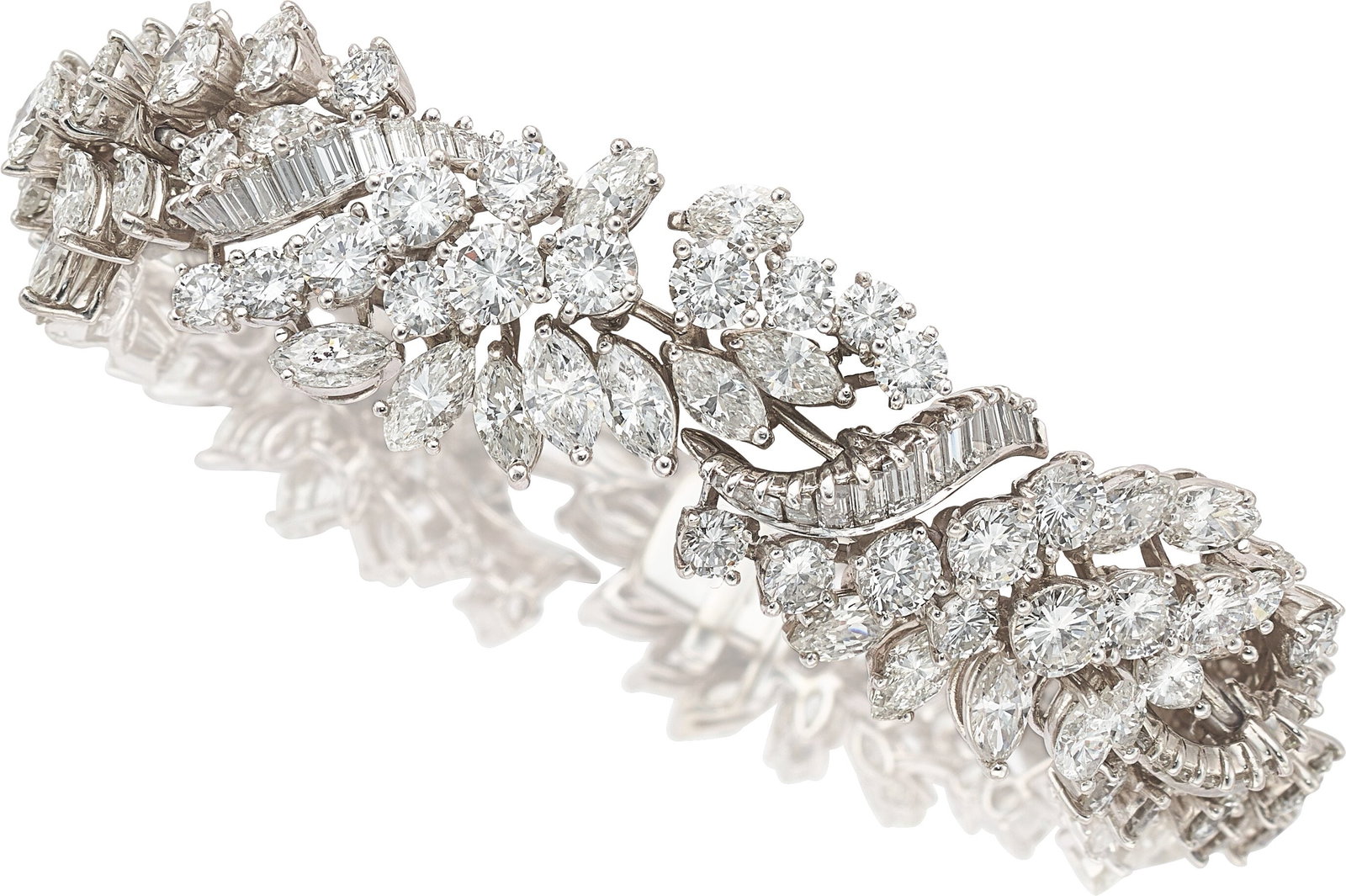 Diamond, Platinum Bracelet Stones: Marquise-sha: Diamond, Platinum Bracelet Stones: Marquise-shaped diamonds weighing a total of approximately 11.50 carats; full-cut diamonds weighing a total of approximately 14.15