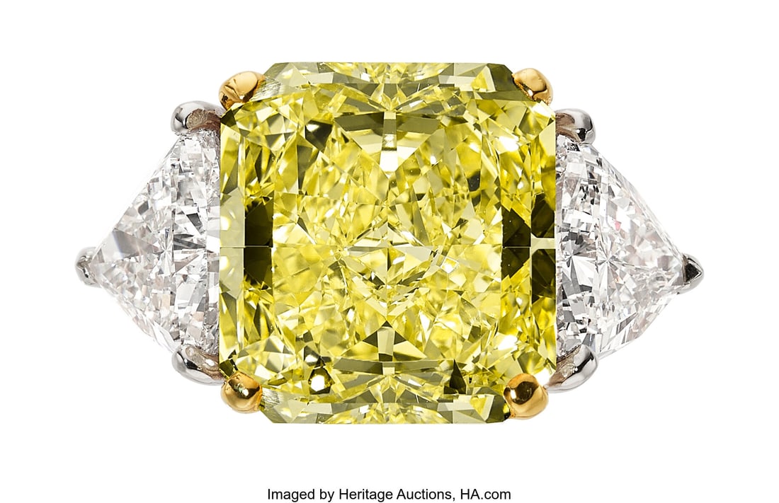 Oscar Heyman Fancy Yellow Diamond, Diamond, Pla: Oscar Heyman Fancy Yellow Diamond, Diamond, Platinum, Gold Ring Stones: Rectangular-shaped fancy yellow diamond weighing 14.11 carats; triangular-shaped diamonds