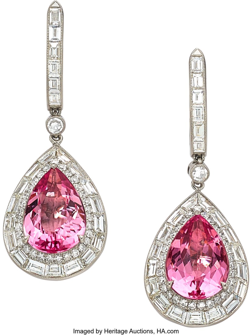 Sabrina Pink Tourmaline, Diamond, Platinum Earri: Sabrina Pink Tourmaline, Diamond, Platinum Earrings Stones: Pear-shaped pink tourmalines weighing a total of 5.96 carats; baguette-cut diamonds weighing a total of