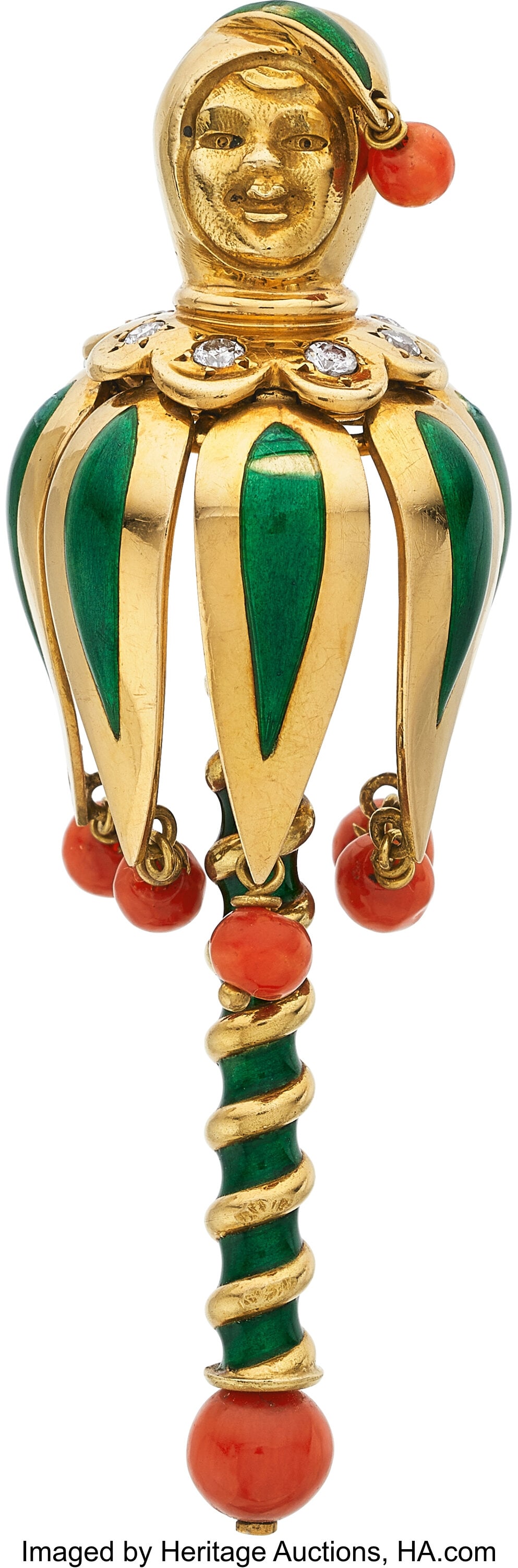 Van Cleef & Arpels Diamond, Coral, Enamel, Gold: Van Cleef & Arpels Diamond, Coral, Enamel, Gold Brooch, French Stones: Full and single-cut diamonds weighing a total of approximately 0.15 carat; coral be