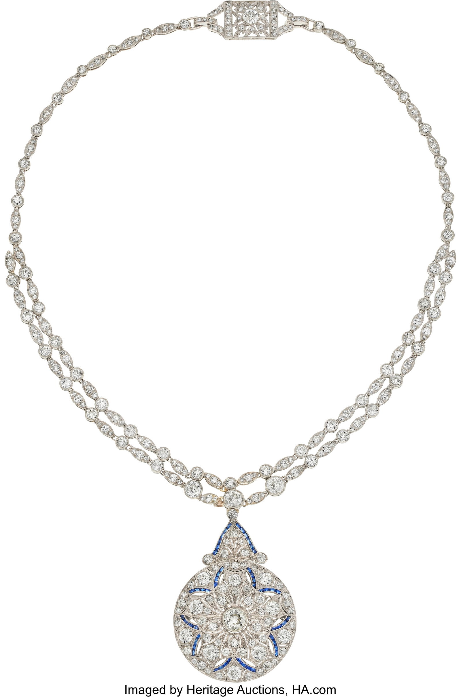 Edwardian Diamond, Synthetic Sapphire, Platinum,: Edwardian Diamond, Synthetic Sapphire, Platinum, White Gold Convertible Pendant-Brooch Necklace Stones: Round brilliant and European-cut diamonds weighing a total of approximat