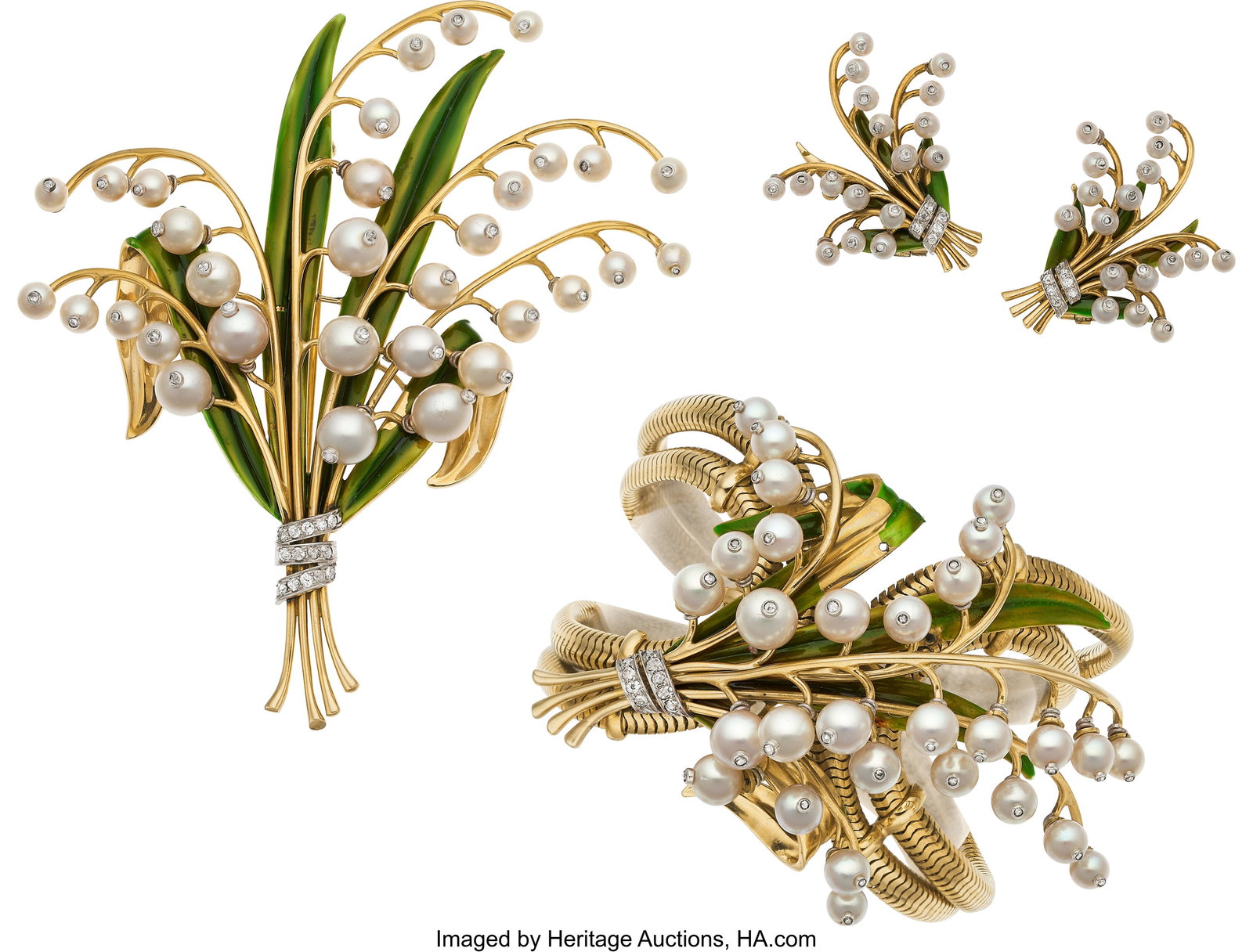 Retro Diamond, Cultured Pearl, Enamel, Platinum,: Retro Diamond, Cultured Pearl, Enamel, Platinum, Gold Jewelry Suite Stones: Full-cut diamonds weighing a total of approximately 0.45 carat; rose-cut diamonds 
