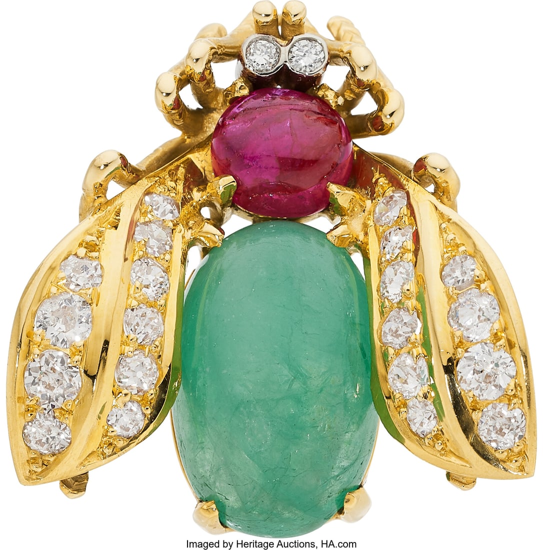Van Cleef & Arpels Diamond, Ruby, Emerald, Gold: Van Cleef & Arpels Diamond, Ruby, Emerald, Gold Brooch, French Stones: Mine and single-cut diamonds weighing a total of approximately 0.75 carats; ruby ca