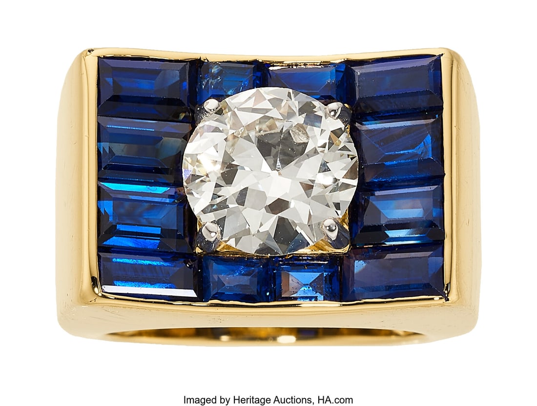 Diamond, Sapphire, Gold Ring Stones: Round bril: Diamond, Sapphire, Gold Ring Stones: Round brilliant-cut diamond weighing 2.31 carats; rectangular-shaped sapphires weighing a total of approximately 3.25 carats
