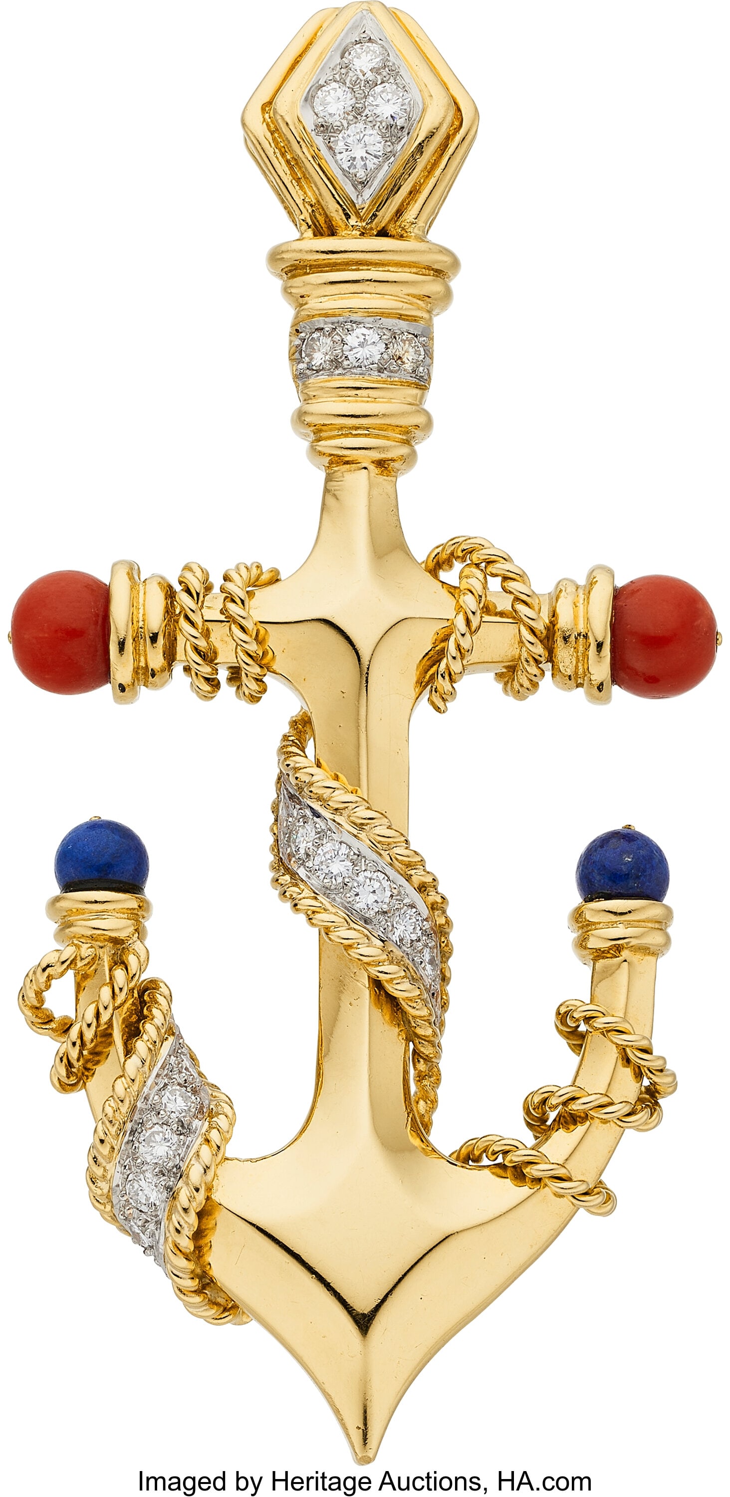 Diamond, Coral, Lapis Lazuli, Gold Enhancer-Broo: Diamond, Coral, Lapis Lazuli, Gold Enhancer-Brooch Stones: Full-cut diamonds weighing a total of approximately 1.00 carat; coral and lapis lazuli beads Metal: