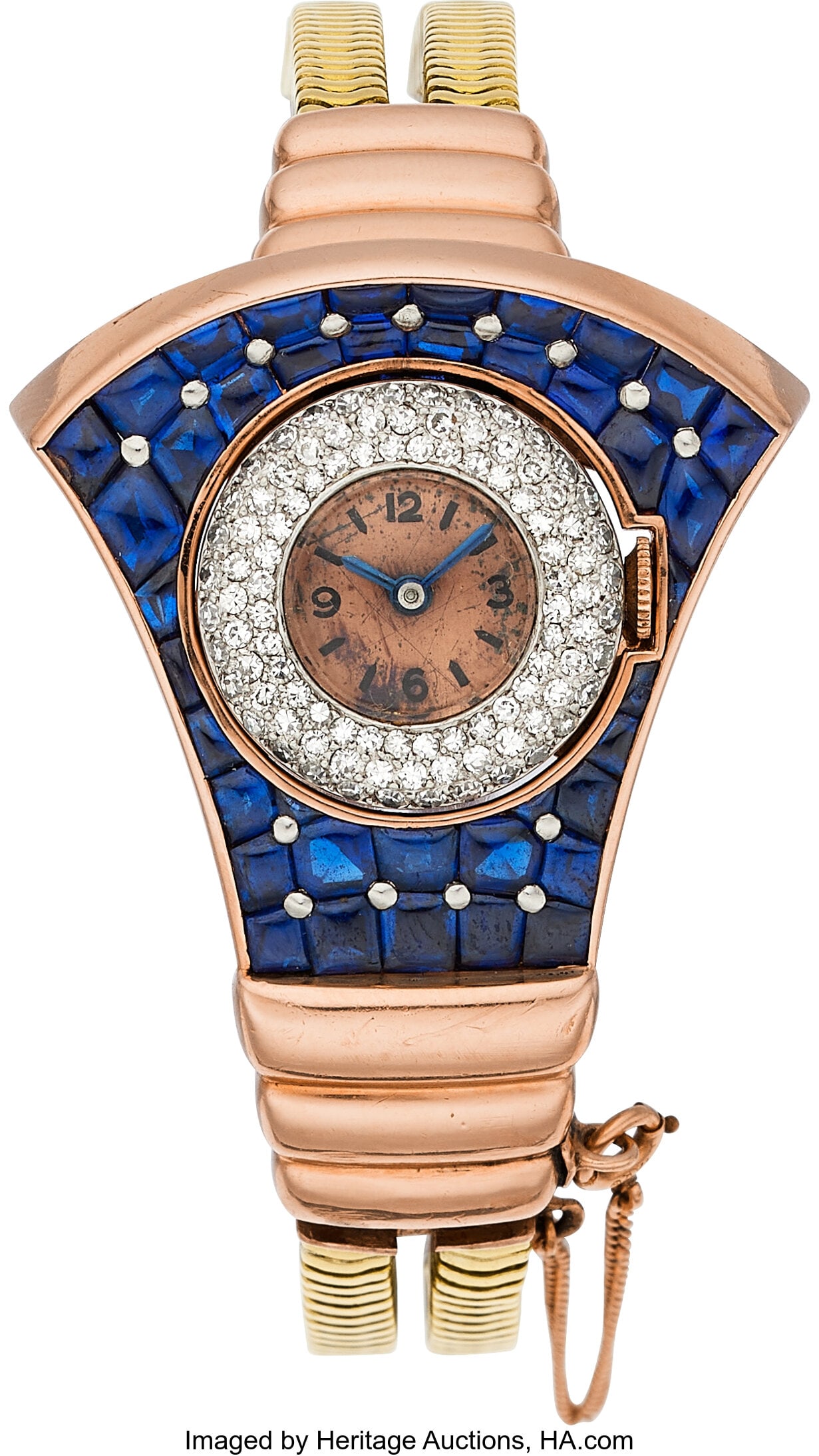 Swiss Retro Diamond, Sapphire, Platinum, Gold Wa: Swiss Retro Diamond, Sapphire, Platinum, Gold Watch Case: 19 mm, round, platinum and 14k rose gold, bezel secured with 1 screw, diamond-set bezel,