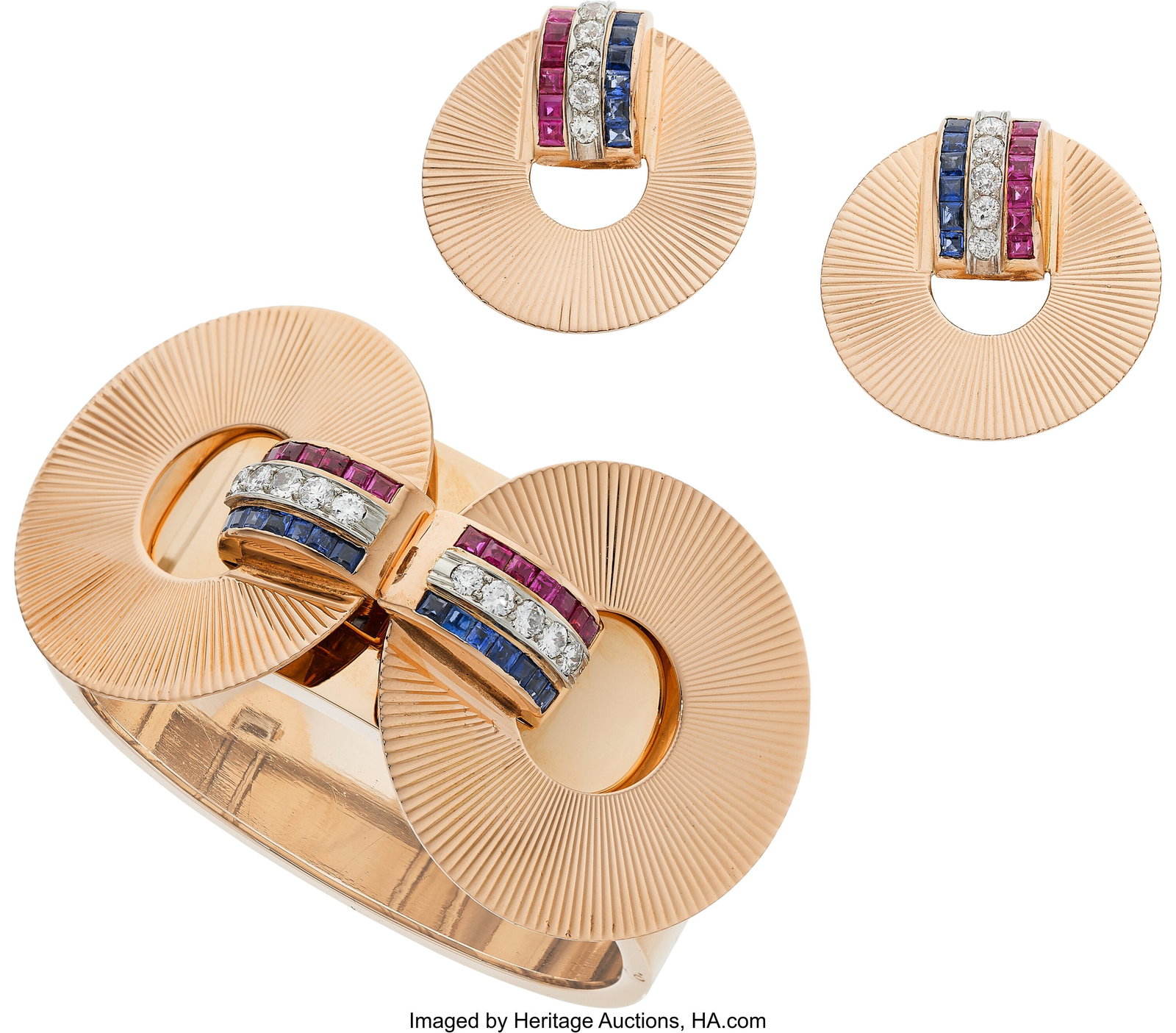 Retro Ruby, Sapphire, Diamond, Rose Gold Conver: Retro Ruby, Sapphire, Diamond, Rose Gold Convertible Jewelry Suite Stones: Square-shaped rubies weighing a total of approximately 3.15 carats; square-shaped sapphir