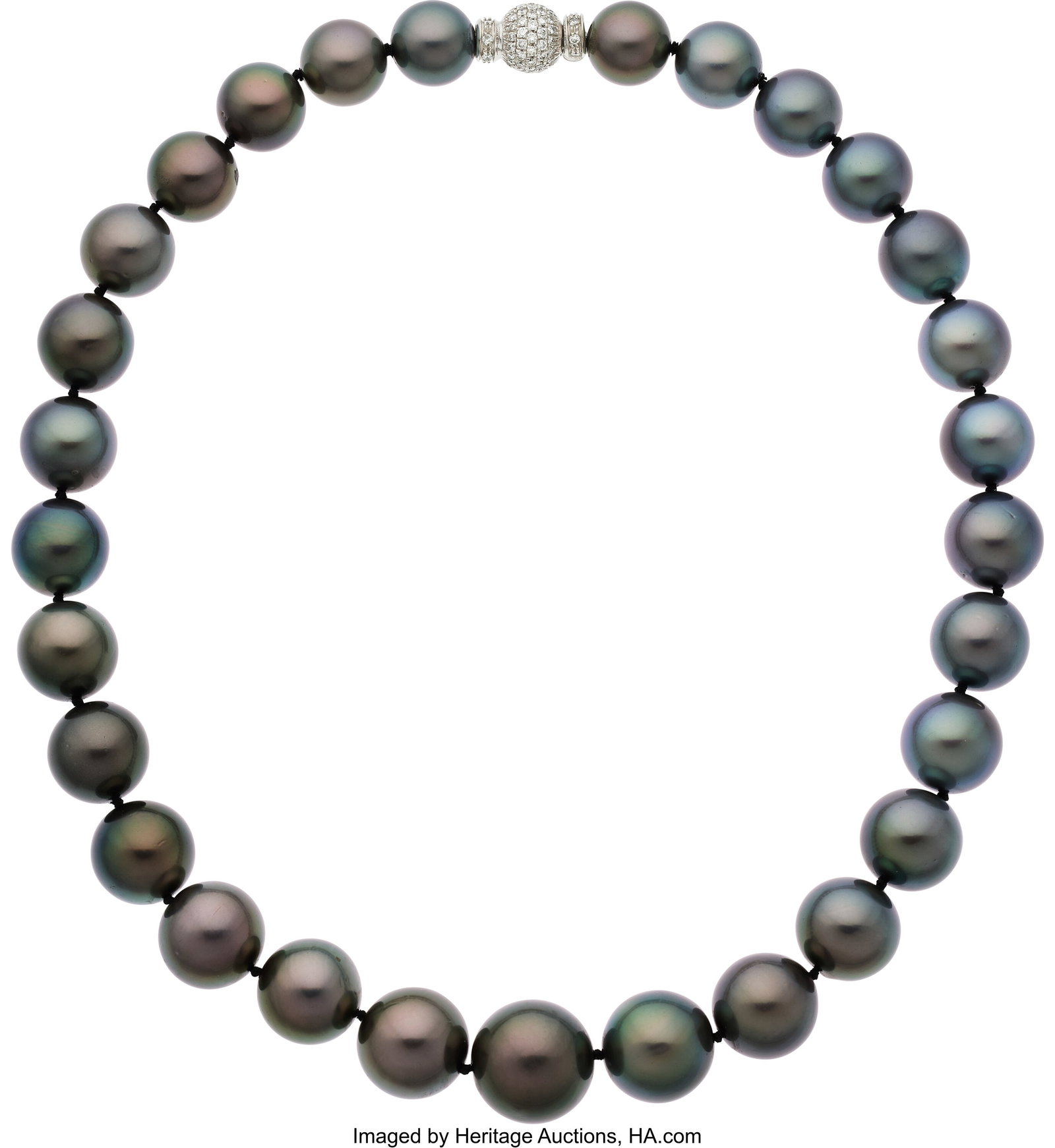 South Sea Cultured Pearl, Diamond, White Gold N: South Sea Cultured Pearl, Diamond, White Gold Necklace Stones: Full-cut diamonds weighing a total of approximately 1.45 carats Pearls: South Sea cultured pearls measurin