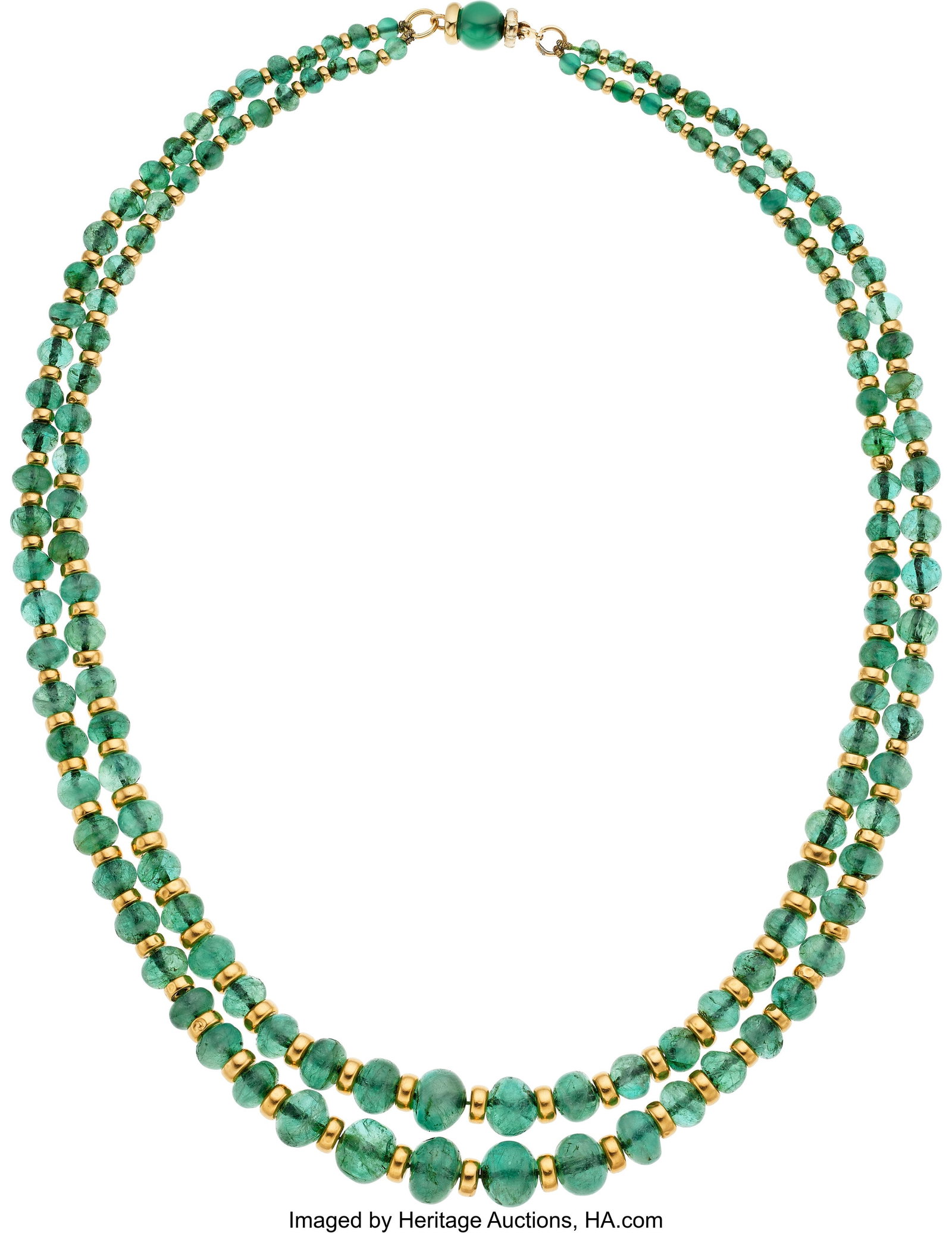 Emerald, Green Chalcedony, Gold Necklace Stones: Emerald, Green Chalcedony, Gold Necklace Stones: Emerald and green chalcedony beads Metal: 14k gold Gross Weight: 64.30 grams Dimensions: 20 inches x 1 inch 