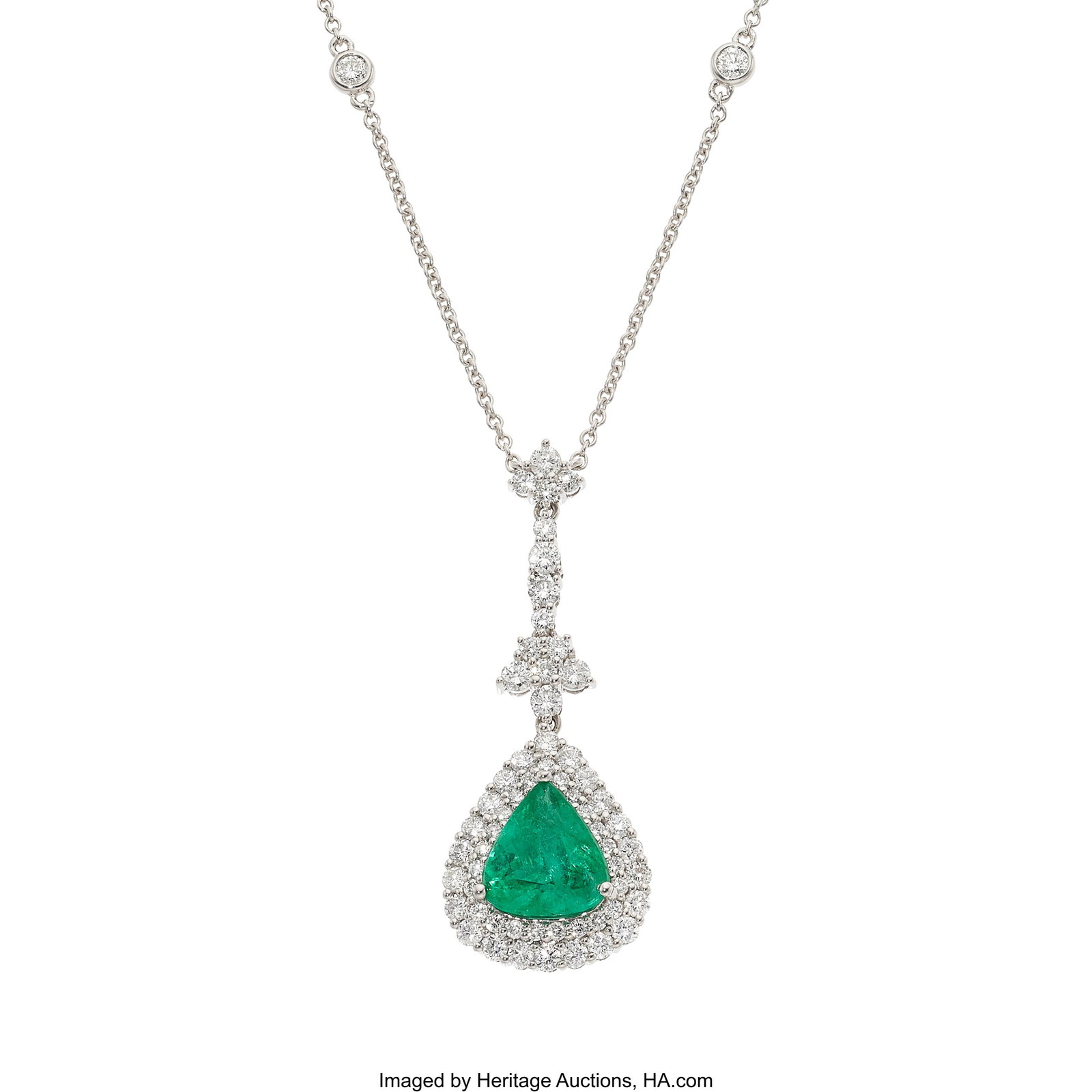 Michael Christoff Emerald, Diamond, White Gold : Michael Christoff Emerald, Diamond, White Gold Necklace Stones: Pear-shaped emerald weighing 2.45 carats; full-cut diamonds weighing a total of approximately 1.65 