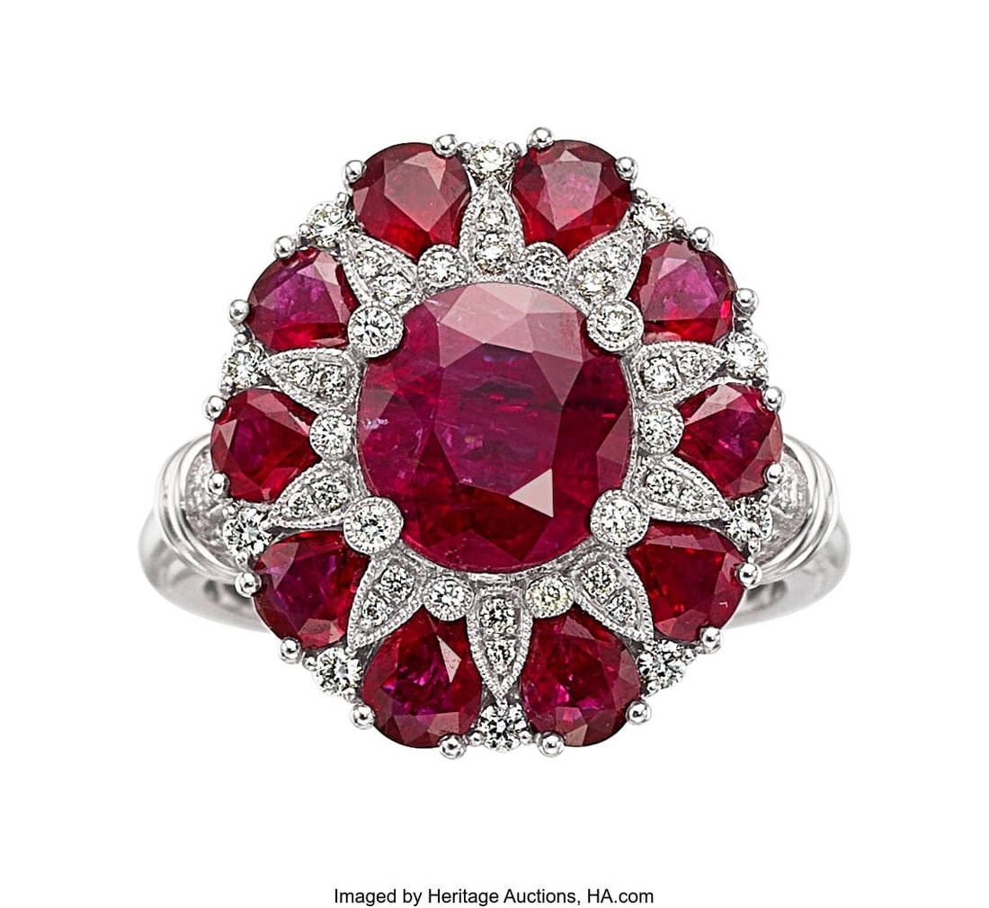 Sabrina Burma Ruby, Diamond, Platinum Ring-Pend: Sabrina Burma Ruby, Diamond, Platinum Ring-Pendant Stones: Oval-shaped ruby weighing 2.56 carats; pear-shaped rubies weighing a total of 1.89 carats; full-cut