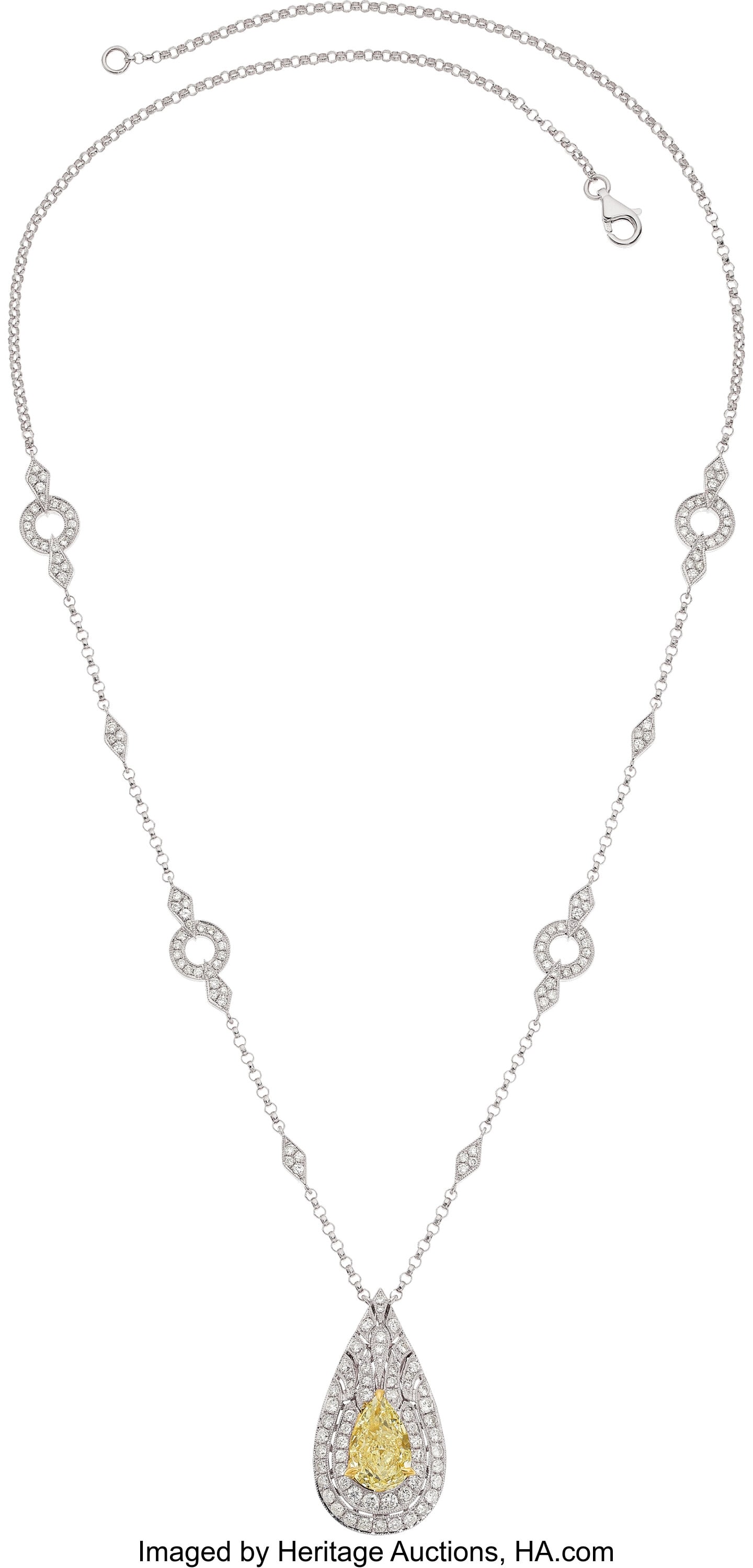 Michael Christoff Diamond, White Gold Necklace : Michael Christoff Diamond, White Gold Necklace Stones: Pear-shaped diamond weighing 2.50 carats; full-cut diamonds weighing a total of 1.48 carats Metal: 18k white