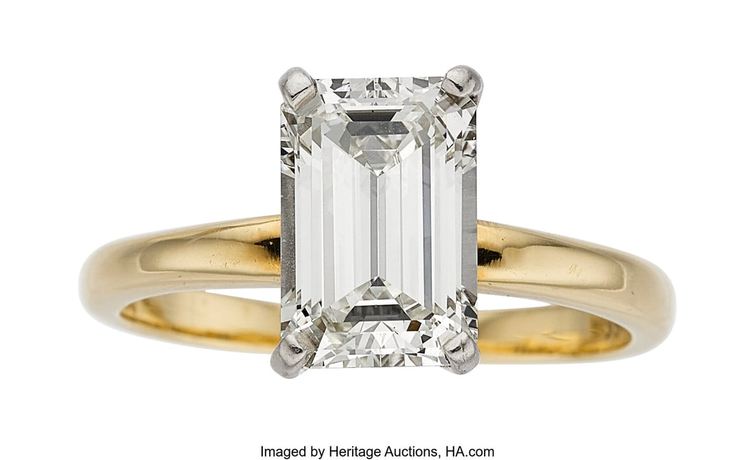 Diamond, Palladium, Gold Ring Stones: Emerald-c: Diamond, Palladium, Gold Ring Stones: Emerald-cut diamond weighing 3.37 carats Metal: Palladium and 14k gold Gross Weight: 4.60 grams Size: 10 (s