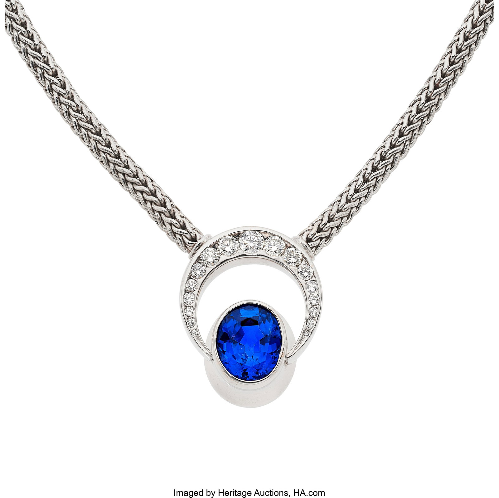 Ceylon Sapphire, Diamond, White Gold Necklace S: Ceylon Sapphire, Diamond, White Gold Necklace Stones: Oval-shaped sapphire weighing approximately 9.40 carats; full-cut diamonds weighing a total of approximately 1&perio