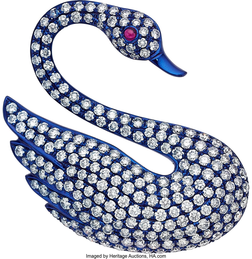 Diamond, Ruby, White Gold Brooch Stones: Full-c: Diamond, Ruby, White Gold Brooch Stones: Full-cut diamonds weighing a total of 4.93 carats; ruby cabochon Metal: 18k white gold Gross Weight: 12.60