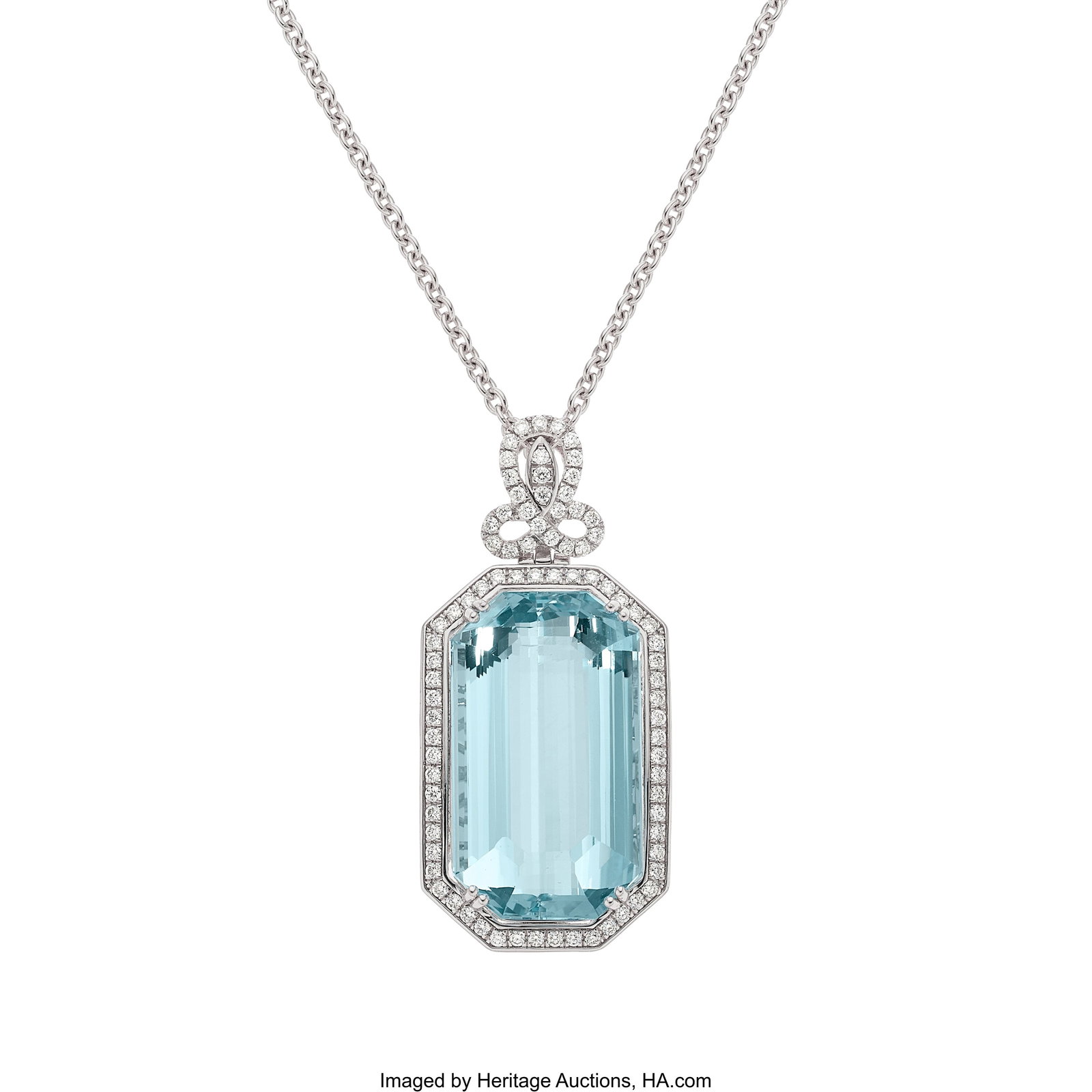 Orianne Aquamarine, Diamond, Platinum, White Go: Orianne Aquamarine, Diamond, Platinum, White Gold Pendant-Necklace Stones: Emerald-cut aquamarine weighing 36.88 carats; full-cut diamonds weighing a total of 1&per