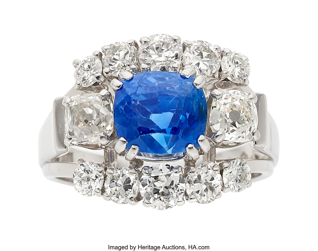 Carl Frederik Carlman Ceylon Sapphire, Diamond, : Carl Frederik Carlman Ceylon Sapphire, Diamond, White Gold Ring, Swedish Stones: Cushion-shape sapphire weighing approximately 2.85 carats; European and full-cut di