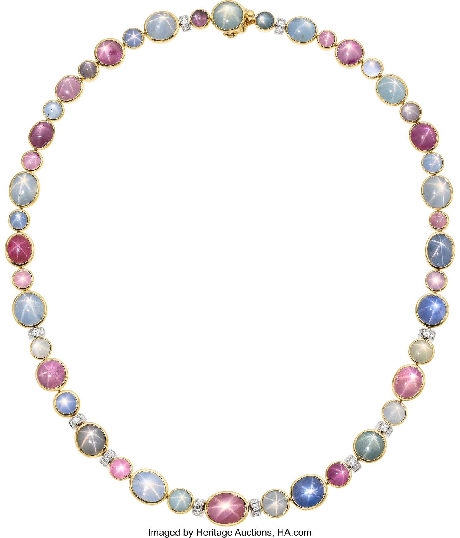 Burma Star Ruby, Burma Star Sapphire, Diamond, : Burma Star Ruby, Burma Star Sapphire, Diamond, Platinum, Gold Necklace Stones: Star ruby and star sapphire cabochons; square-shaped diamonds weighing a total of appr