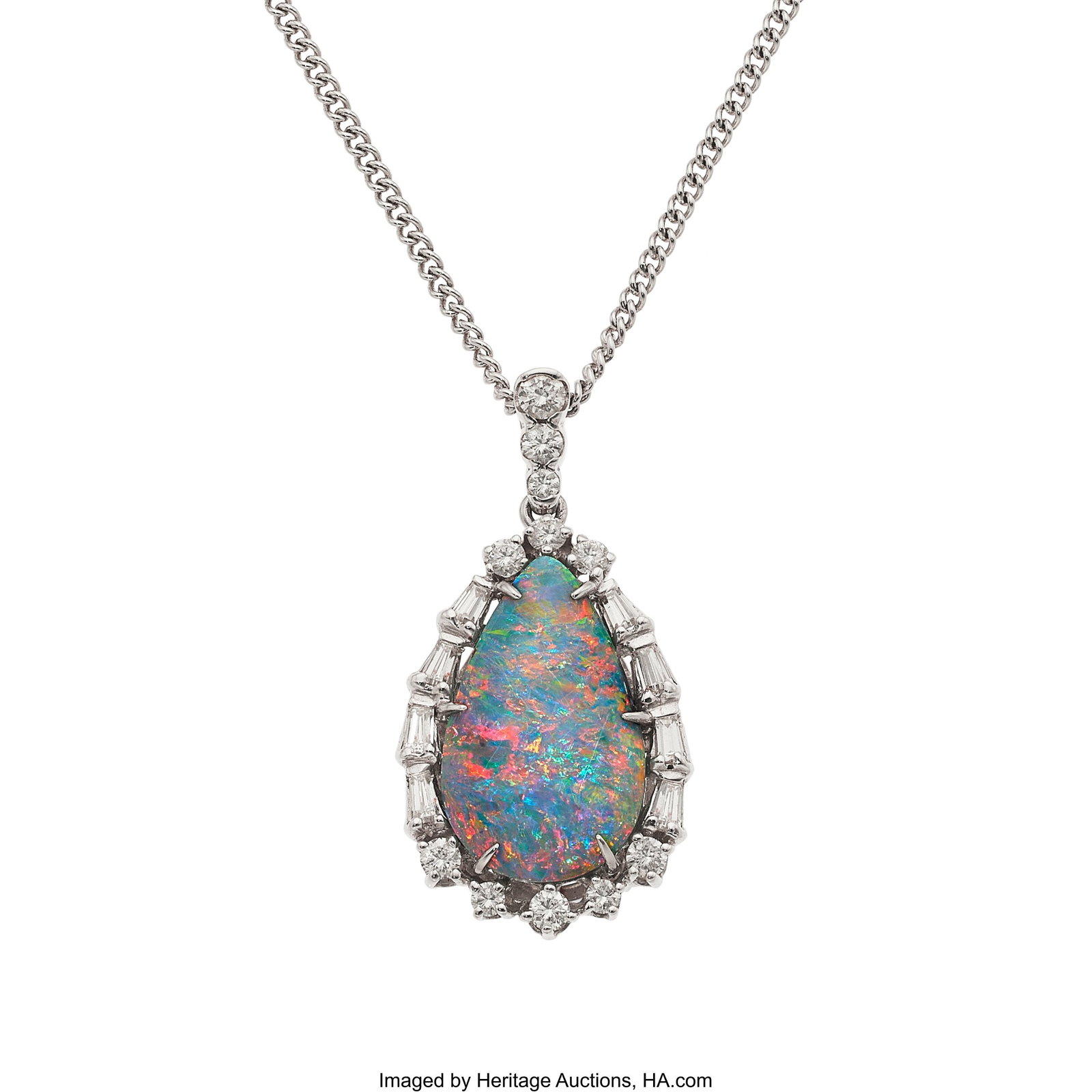 Black Opal, Diamond, Platinum Pendant Stones: B: Black Opal, Diamond, Platinum Pendant Stones: Black opal cabochon; full-cut diamonds weighing a total of approximately 0.45 carat; baguette-cut diamonds weighing a t
