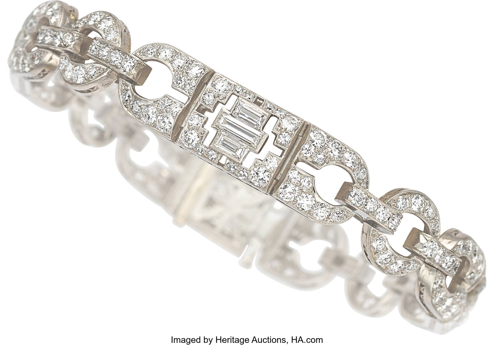 Diamond, Platinum Bracelet Stones: Transitional: Diamond, Platinum Bracelet Stones: Transitional and single-cut diamonds weighing a total of approximately 6.00 carats; baguette-cut diamonds weighing a total of approximately 1