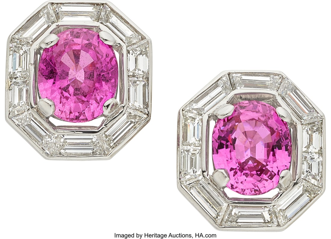 Pink Sapphire, Diamond, Platinum Earrings Stone: Pink Sapphire, Diamond, Platinum Earrings Stones: Oval-shaped pink sapphires weighing a total of approximately 3.25 carats; calibré-cut diamonds Metal: Plati