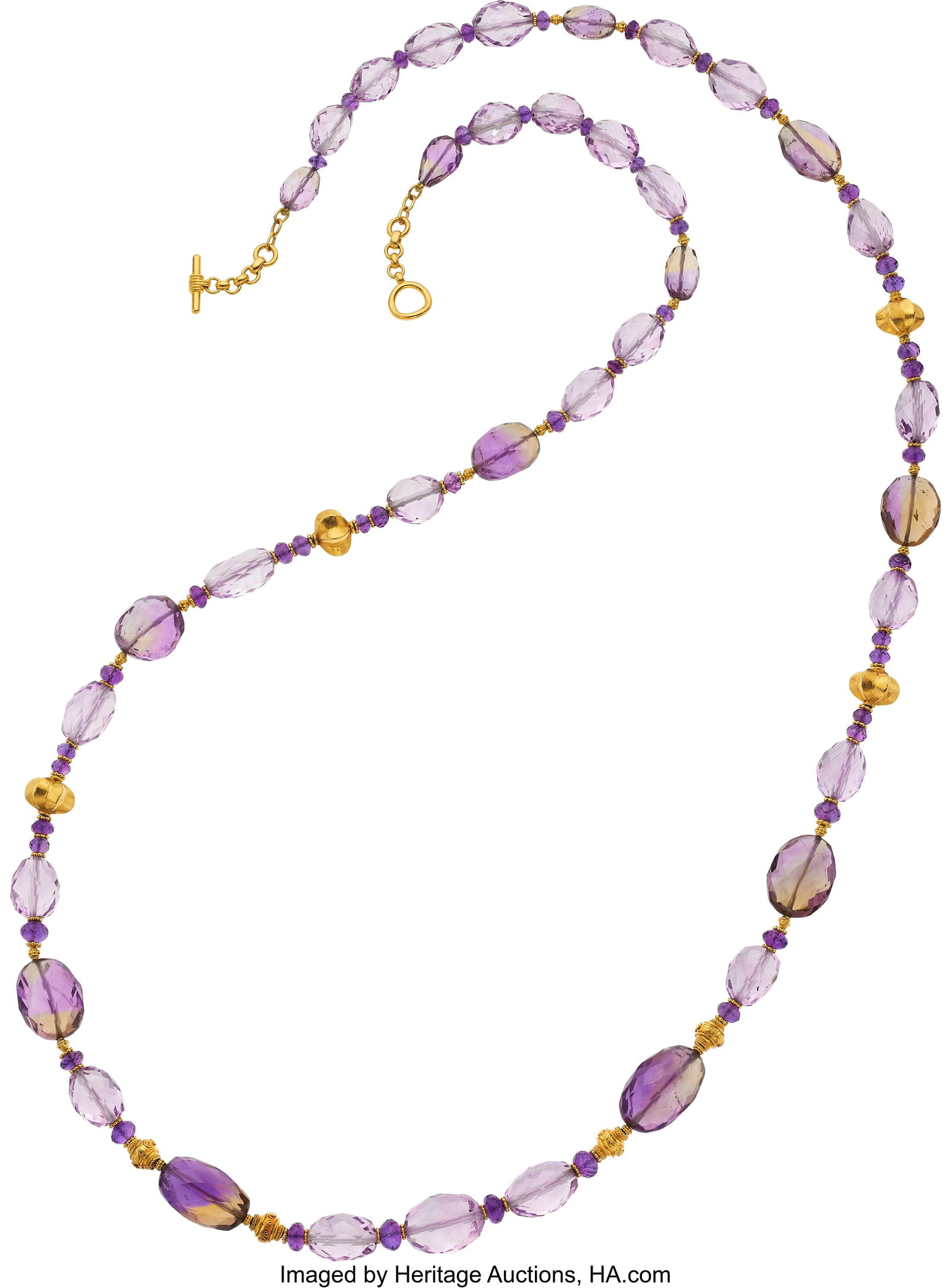 Verdura Amethyst, Ametrine, Gold Necklace, circa: Verdura Amethyst, Ametrine, Gold Necklace, circa 2005 Stones: Amethyst and ametrine beads Metal: 22k and 20k gold Attributed to: Verdura Gross Weight: 160&per