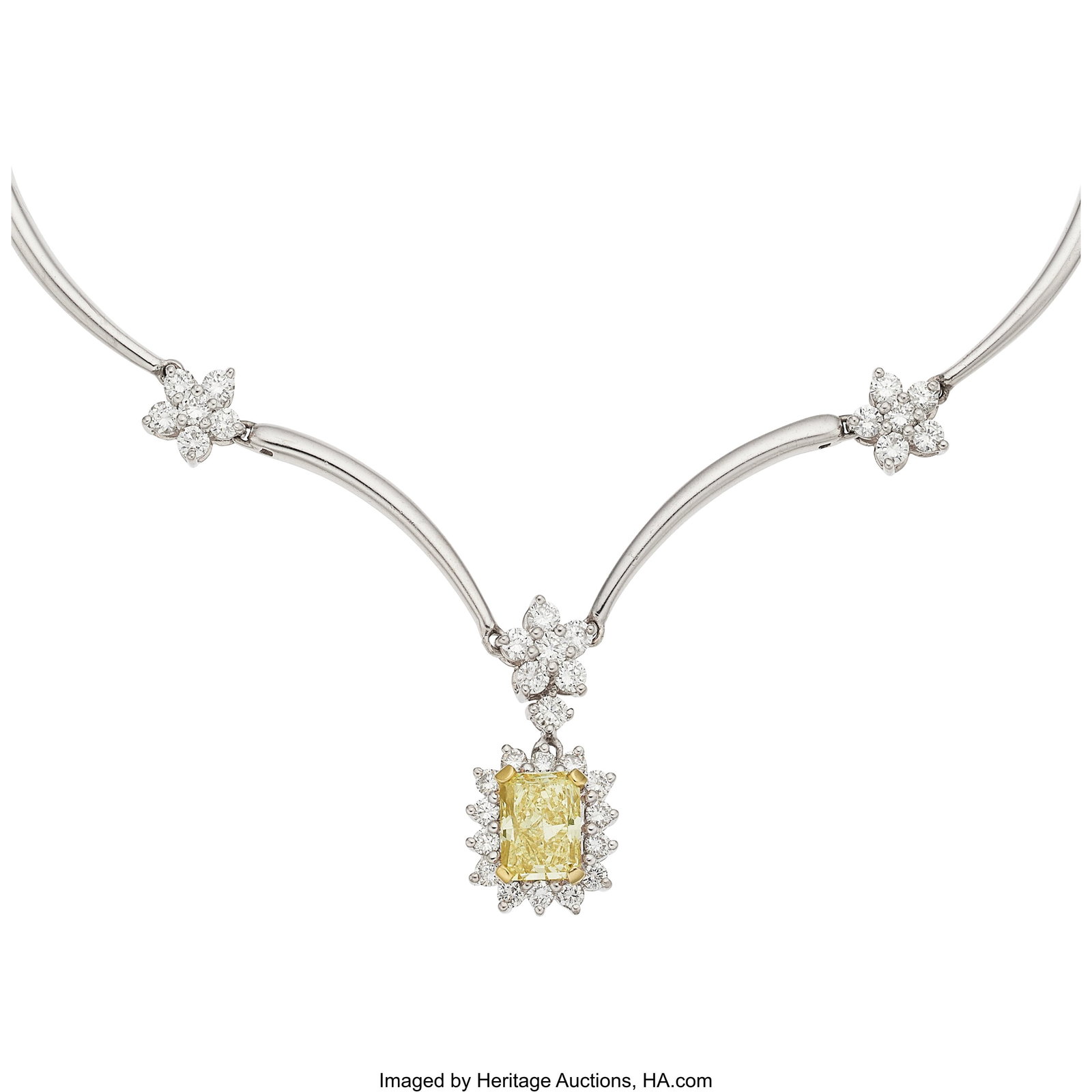 Diamond, Platinum, Gold Necklace Stones: Rectan: Diamond, Platinum, Gold Necklace Stones: Rectangular-shaped diamond weighing 1.96 carats; full-cut diamonds weighing a total of approximately 4.00 carats Metal&col