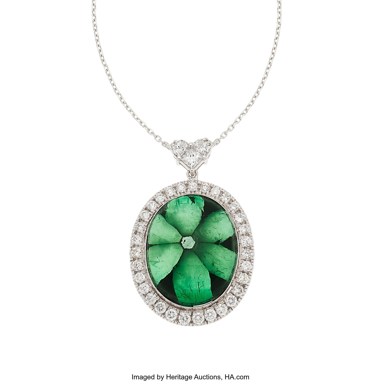 Colombian Trapiche Emerald, Diamond, White Gold: Colombian Trapiche Emerald, Diamond, White Gold Necklace Stones: Trapiche emerald cabochon; full-cut diamonds weighing a total of approximately 0.60 carat; half-moon
