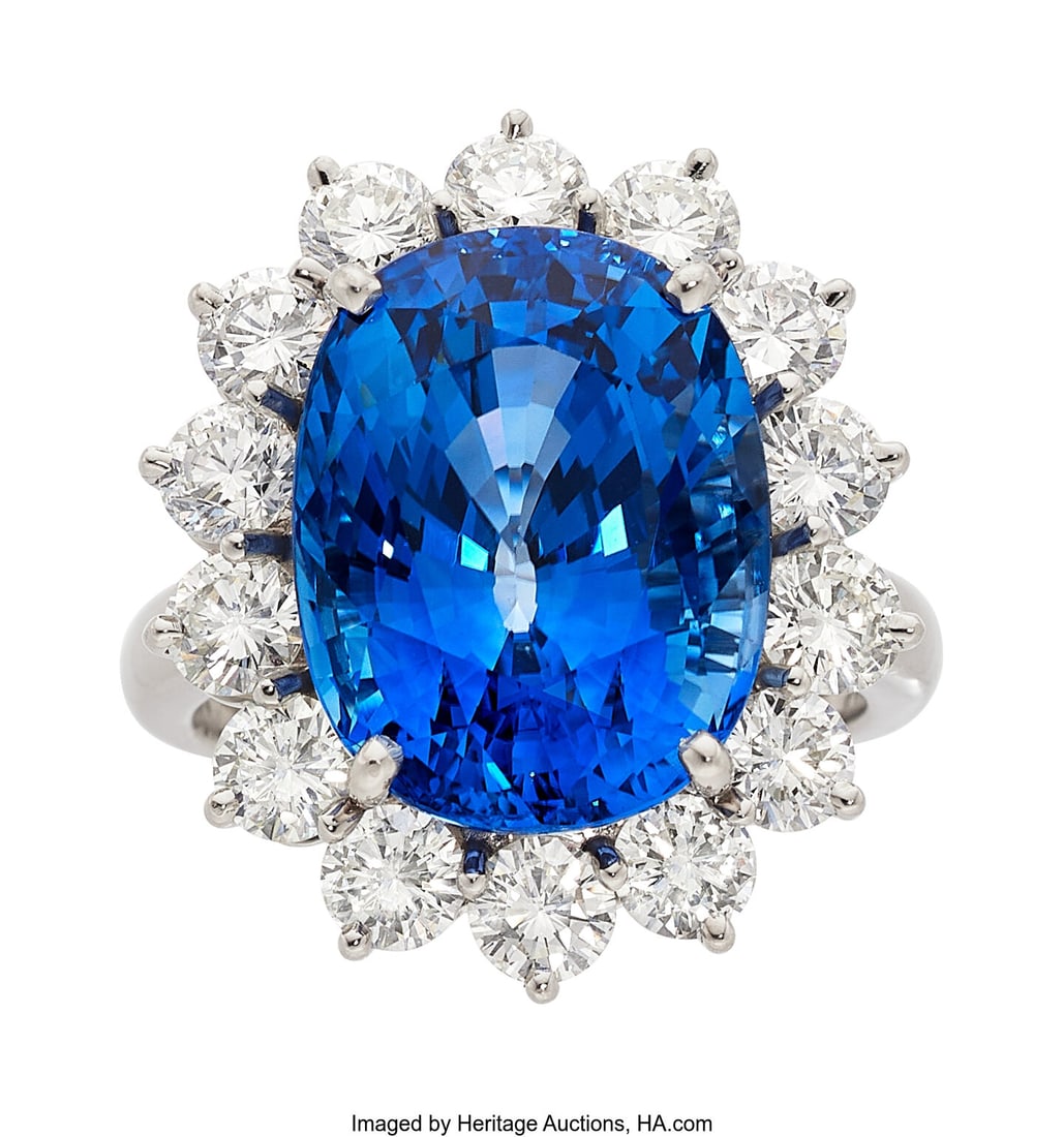 Ceylon Sapphire, Diamond, Platinum Ring Stones:: Ceylon Sapphire, Diamond, Platinum Ring Stones: Oval-shaped sapphire weighing 14.02 carats; full-cut diamonds weighing a total of approximately 2.25 carats Metal&c