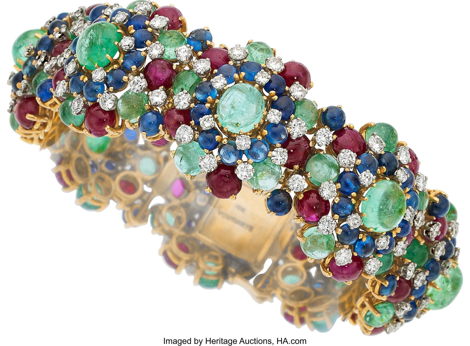 Vourakis Diamond, Multi-Stone, Gold Bracelet, c: Vourakis Diamond, Multi-Stone, Gold Bracelet, circa 1970 Stones: Full-cut diamonds weighing a total of approximately 7.00 carats; emerald cabochons; ruby caboc