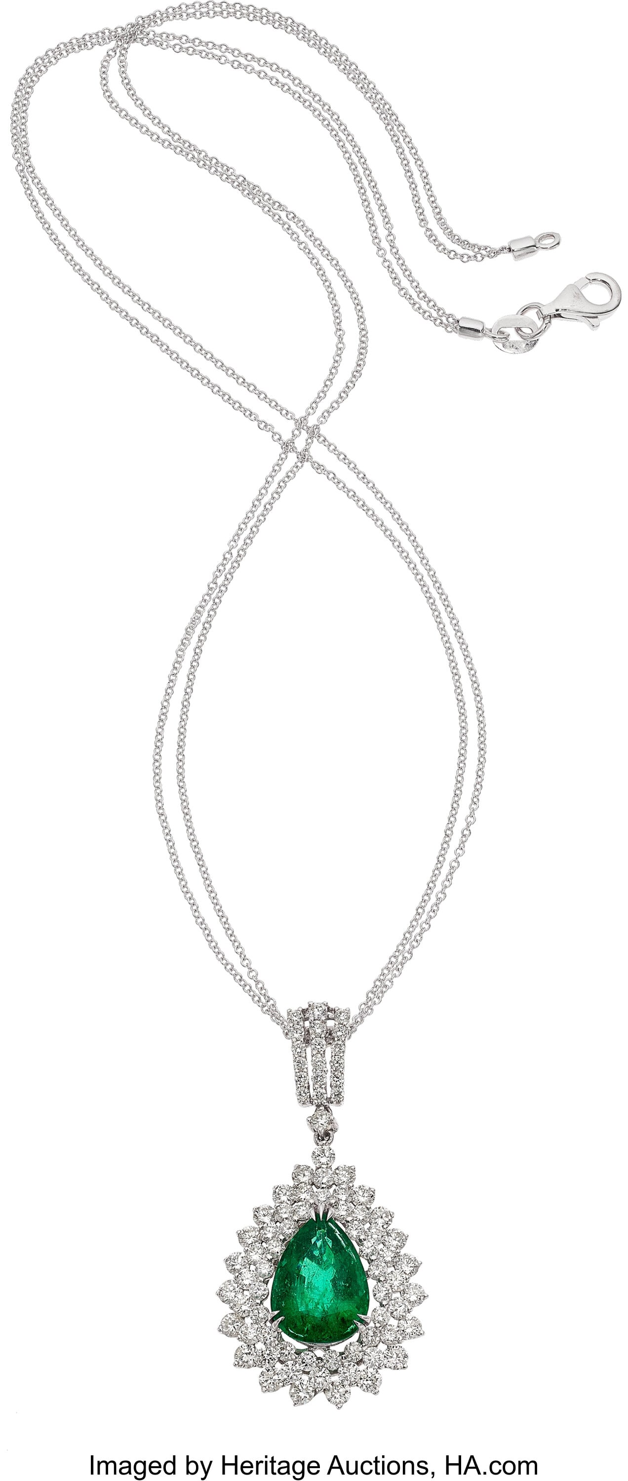 Zambian Emerald, Diamond, White Gold Pendant-Nec: Zambian Emerald, Diamond, White Gold Pendant-Necklace Stones: Pear-shaped emerald weighing approximately 3.80 carats; full-cut diamonds weighing a total of approximately 