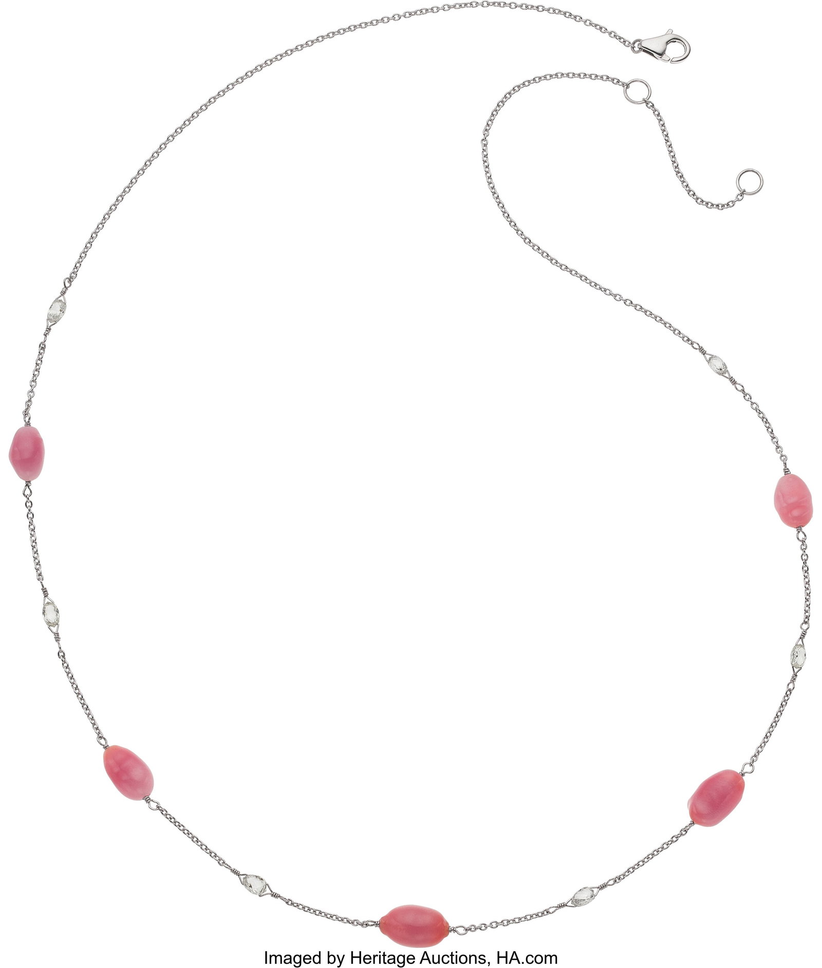 Conch Pearl, Diamond, Platinum Necklace Stones:: Conch Pearl, Diamond, Platinum Necklace Stones: Diamond briolettes weighing a total of 0.79 carat Pearls: Conch pearls measuring 7.25 x 5.25 mm - 9.