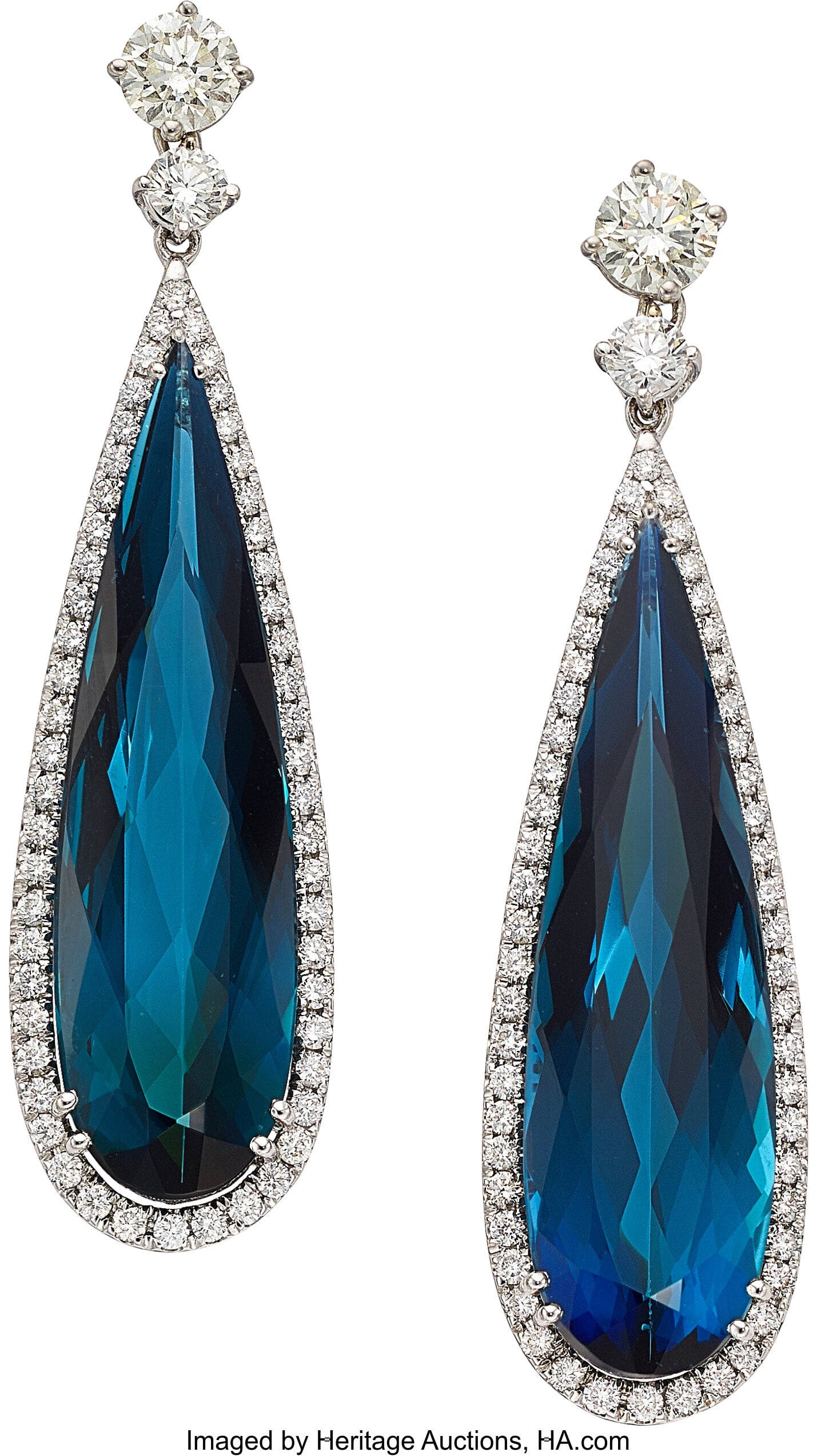 Indicolite Tourmaline, Diamond, Platinum, White: Indicolite Tourmaline, Diamond, Platinum, White Gold Earrings Stones: Pear-shaped indicolite tourmalines weighing a total of approximately 23.00 carats; full-cut di