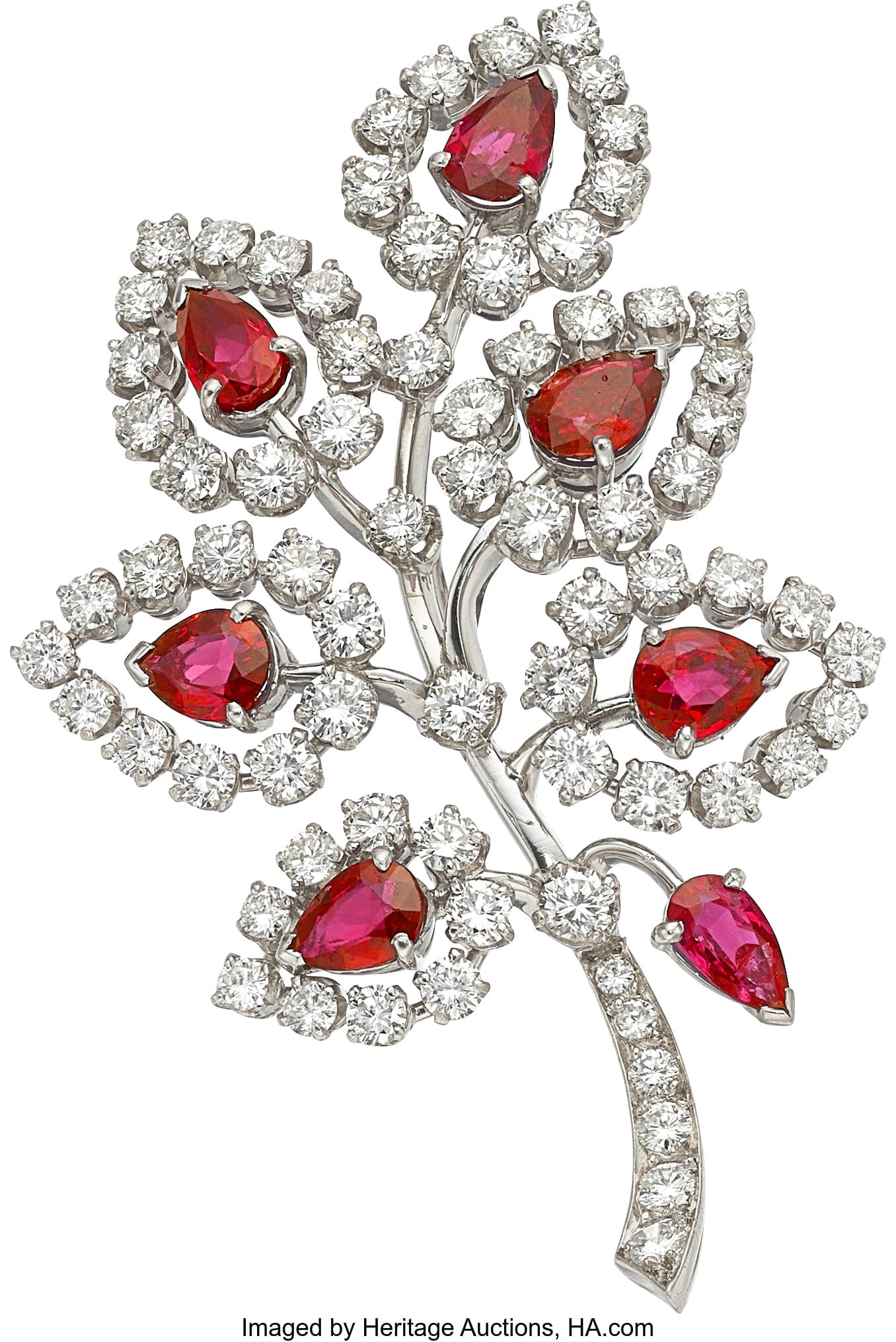 Tiffany & Co. Burma Ruby, Diamond, Platinum Broo: Tiffany & Co. Burma Ruby, Diamond, Platinum Brooch Stones: Pear-shaped rubies weighing a total of 3.85 carats; full-cut diamonds weighing a total of 4.0