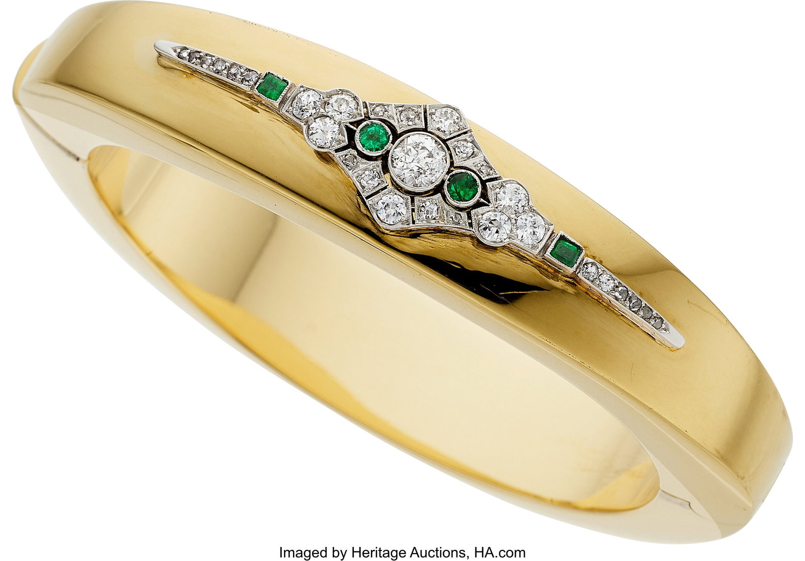 Annaratone & Magyary Diamond, Emerald, Platinum: Annaratone & Magyary Diamond, Emerald, Platinum, Gold Bracelet Stones: Full-cut diamond weighing approximately 0.40 carat; single and transitional-cut diamonds 