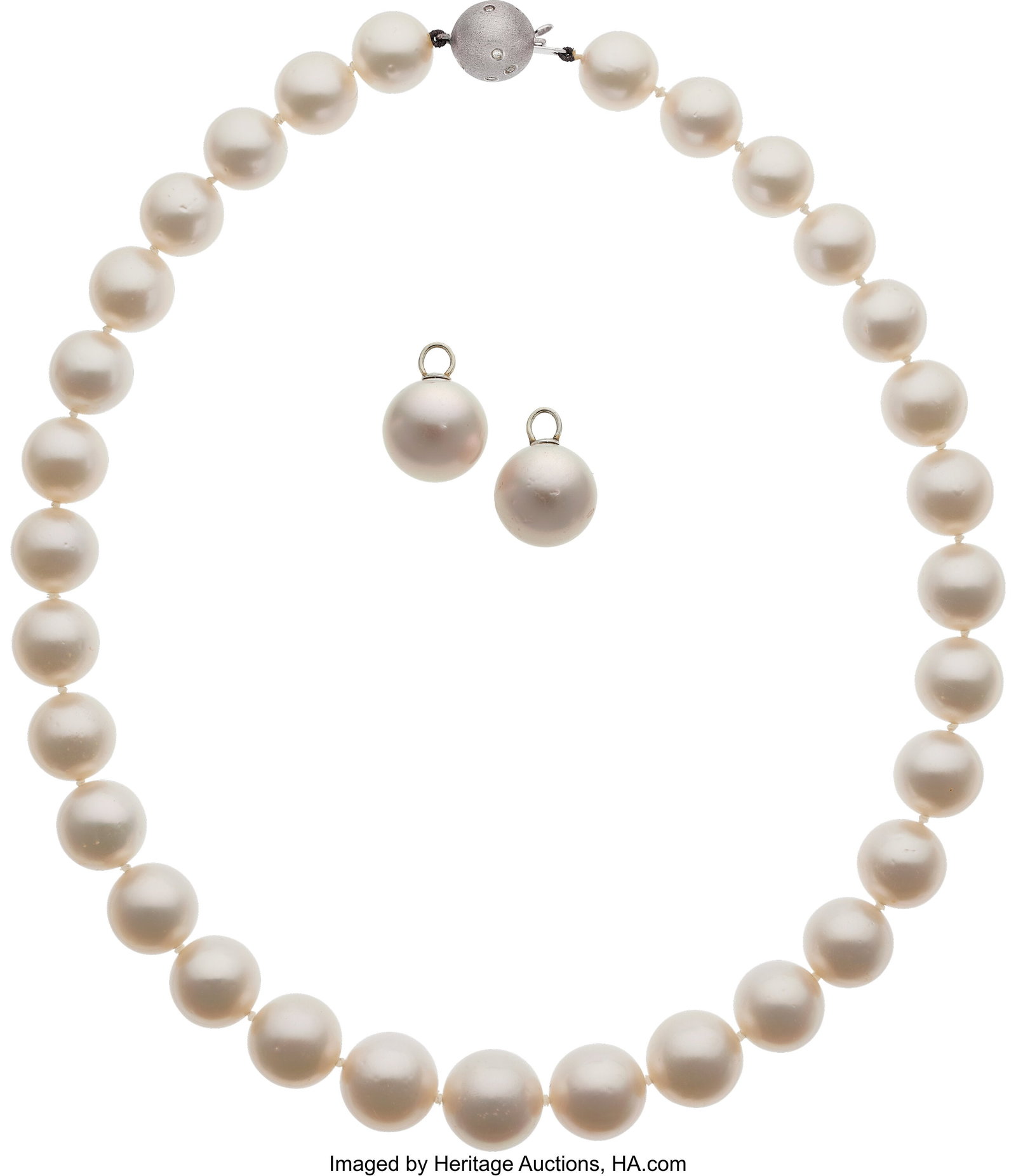 South Sea Cultured Pearl, Diamond, White Gold J: South Sea Cultured Pearl, Diamond, White Gold Jewelry Suite Stones: Full-cut diamonds Pearls: South Sea cultured pearls measuring 11.00 mm - 13.40 mm Metal: