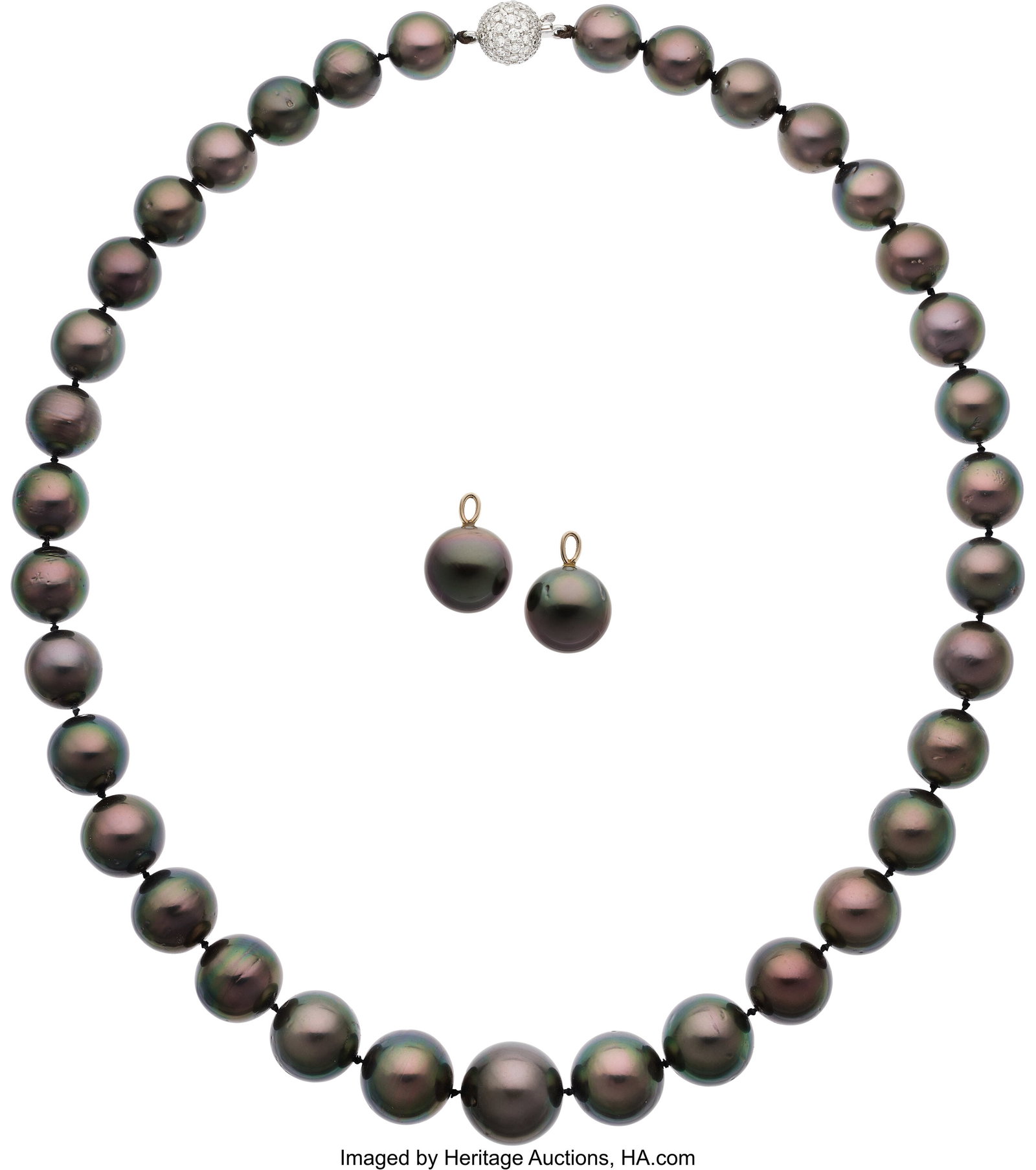 South Sea Cultured Pearl, Diamond, White Gold J: South Sea Cultured Pearl, Diamond, White Gold Jewelry Suite Stones: Full-cut diamonds weighing a total of approximately 1.00 carats Pearls: South Sea cultured pearls mea