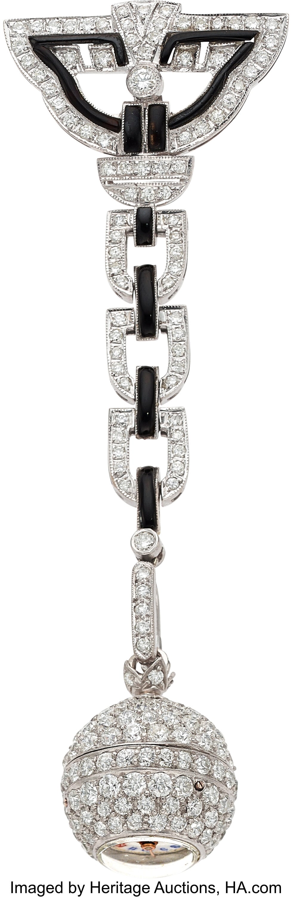 Art Deco Diamond, Black Onyx, Platinum, White G: Art Deco Diamond, Black Onyx, Platinum, White Gold Pendant-Brooch-Watch Case: 17 mm, ball, platinum, mineral crystal Dial: White enamel dial, hand