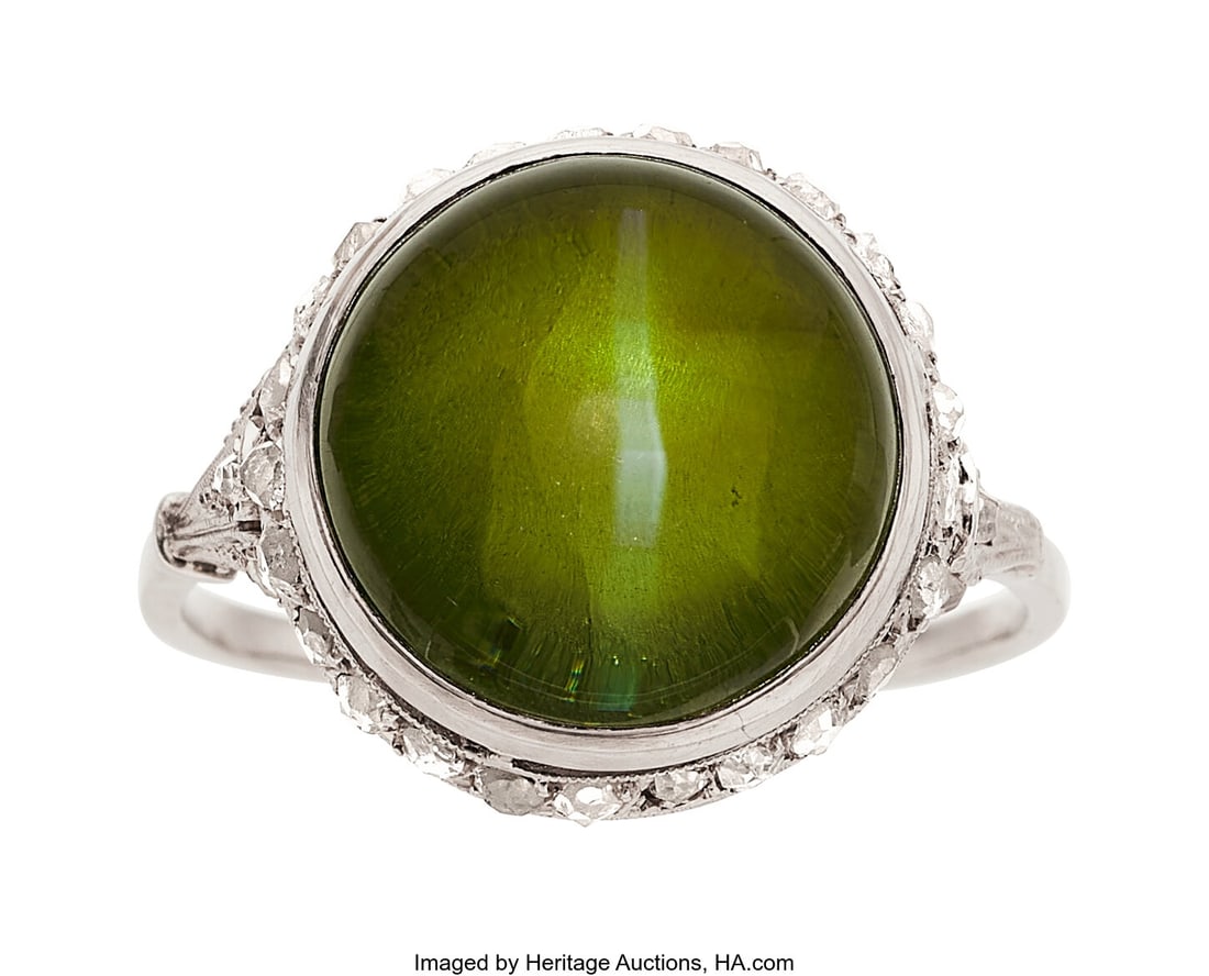 Art Deco Cat's-Eye Chrysoberyl, Diamond, Platin: Art Deco Cat's-Eye Chrysoberyl, Diamond, Platinum, Palladium Ring Stones: Cat's-eye chrysoberyl cabochon; rose-cut diamonds Metal: Platinum and palladium Gross Weigh