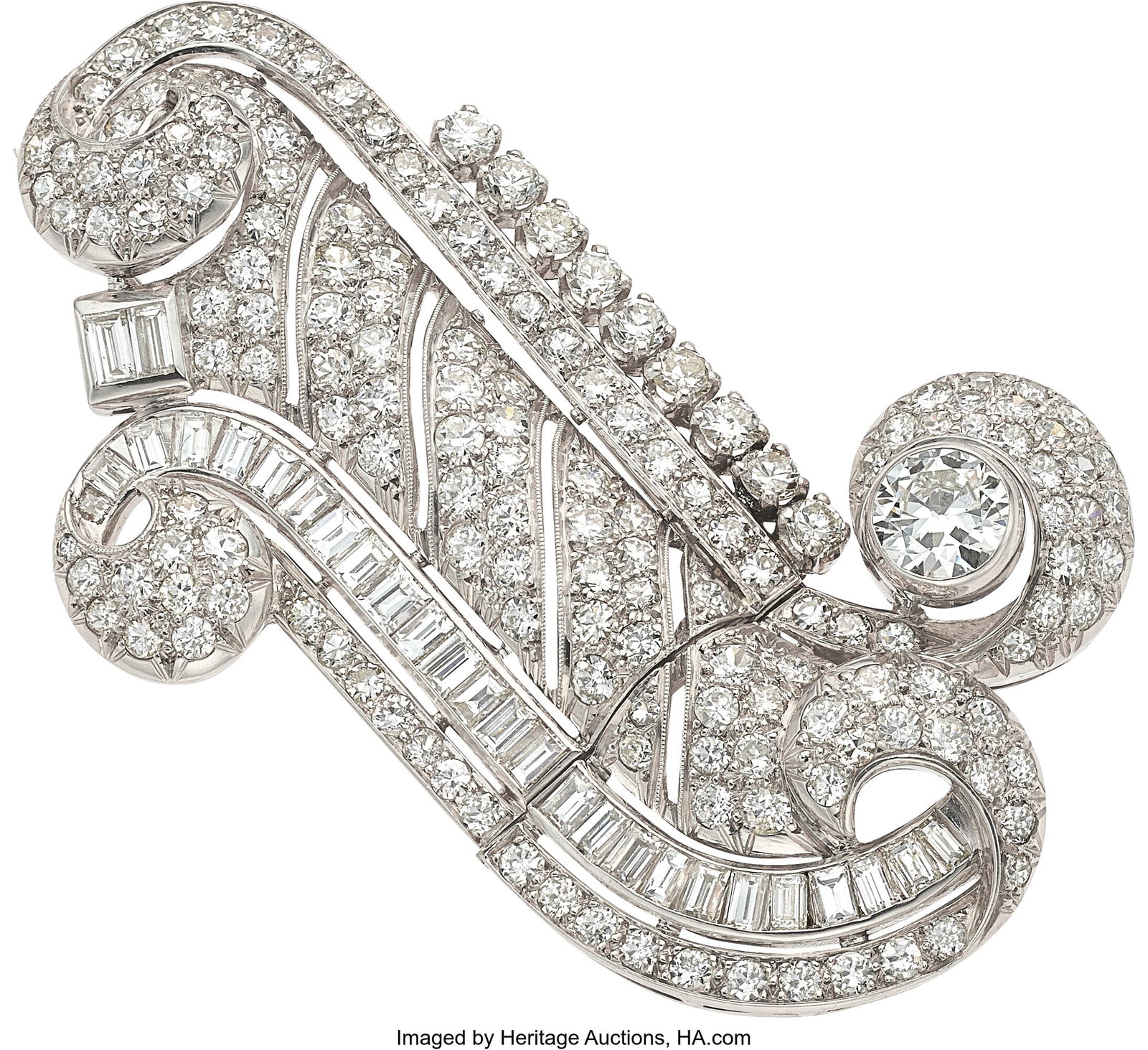 Diamond, Platinum Convertible Double Clip-Brooch: Diamond, Platinum Convertible Double Clip-Brooch, French Stones: European-cut diamond weighing approximately 1.00 carat; full, single, and Mine-cut diamonds w