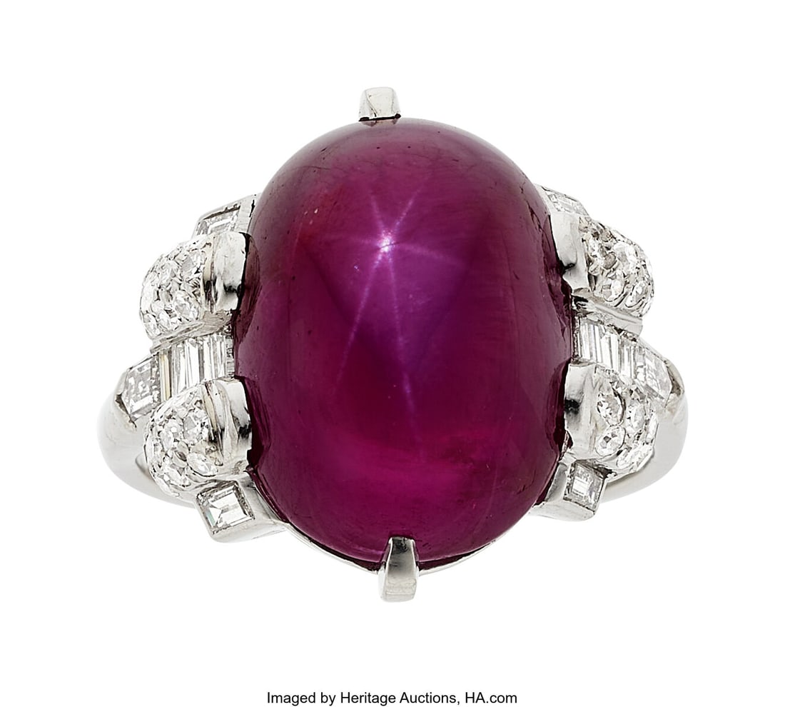 Burma Star Ruby, Diamond, Platinum Ring Stones:: Burma Star Ruby, Diamond, Platinum Ring Stones: Star ruby cabochon weighing 17.05 carats; full and single-cut diamonds weighing a total of approximately 0.25 carat