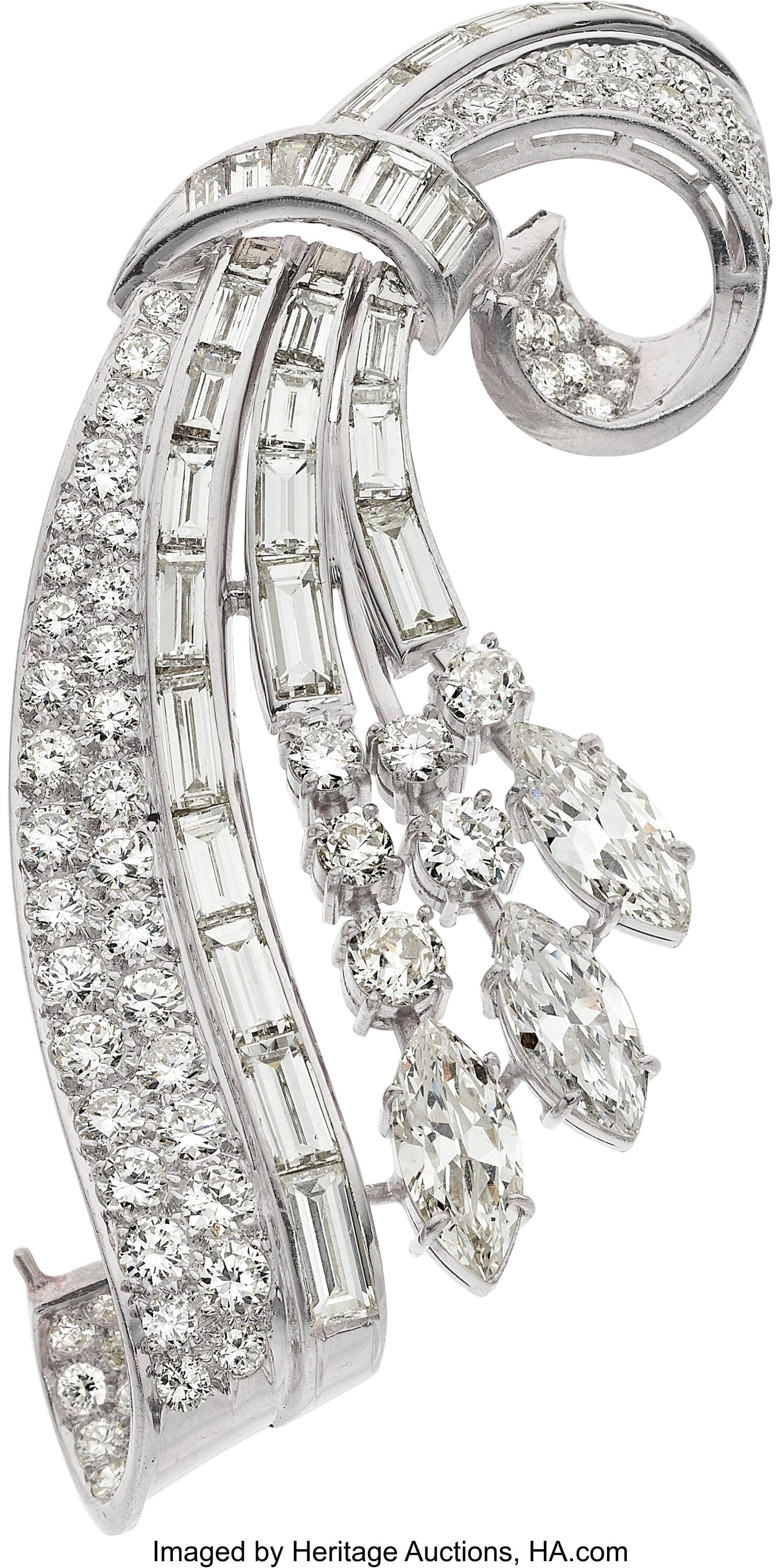 Diamond, Platinum Clip-Brooch Stones: Marquise-: Diamond, Platinum Clip-Brooch Stones: Marquise-shaped diamonds weighing a total of approximately 2.60 carats; full and mine-cut diamonds weighing a total of approximately 4&per