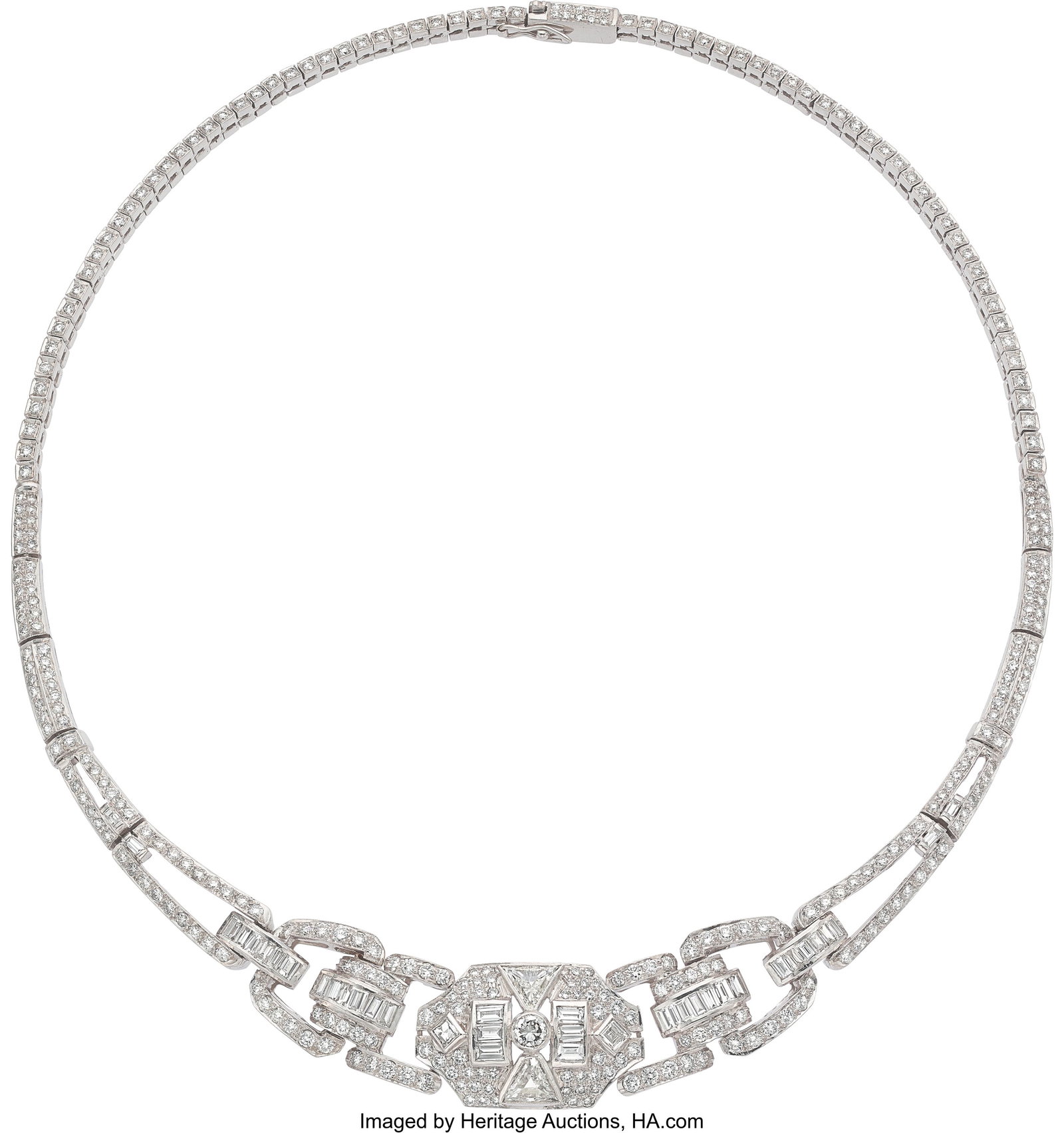 Diamond, White Gold Necklace Stones: Full-cut d: Diamond, White Gold Necklace Stones: Full-cut diamonds weighing a total of approximately 5.60 carats; triangular-shaped diamonds weighing a total of approximately 1.00 c