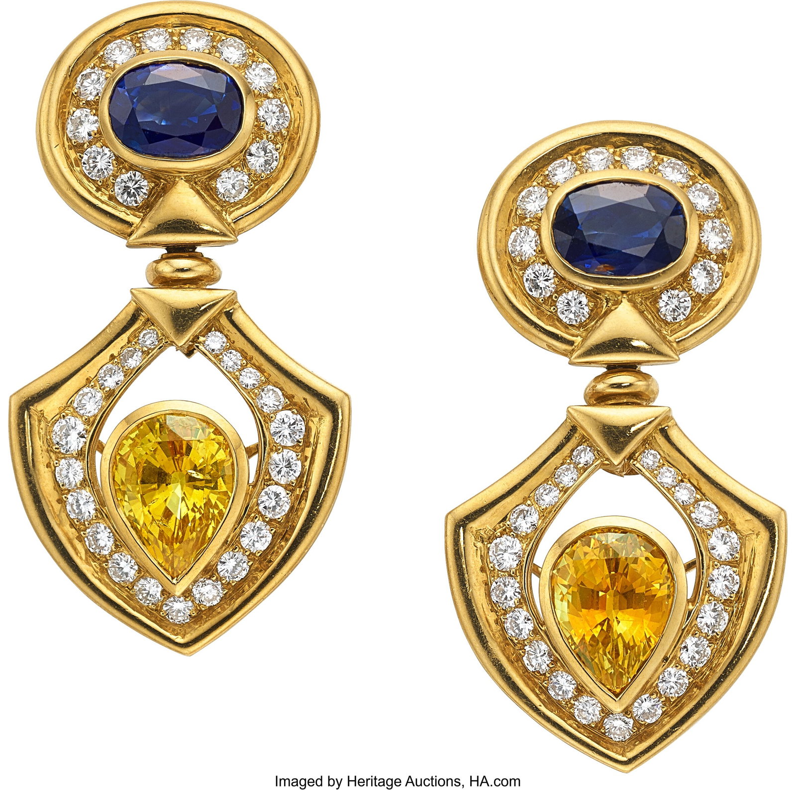 Yellow Sapphire, Blue Sapphire, Diamond, Gold Ea: Yellow Sapphire, Blue Sapphire, Diamond, Gold Earrings Stones: Pear-shaped yellow sapphires weighing a total of approximately 10.75 carats; oval-shaped blue sapphir