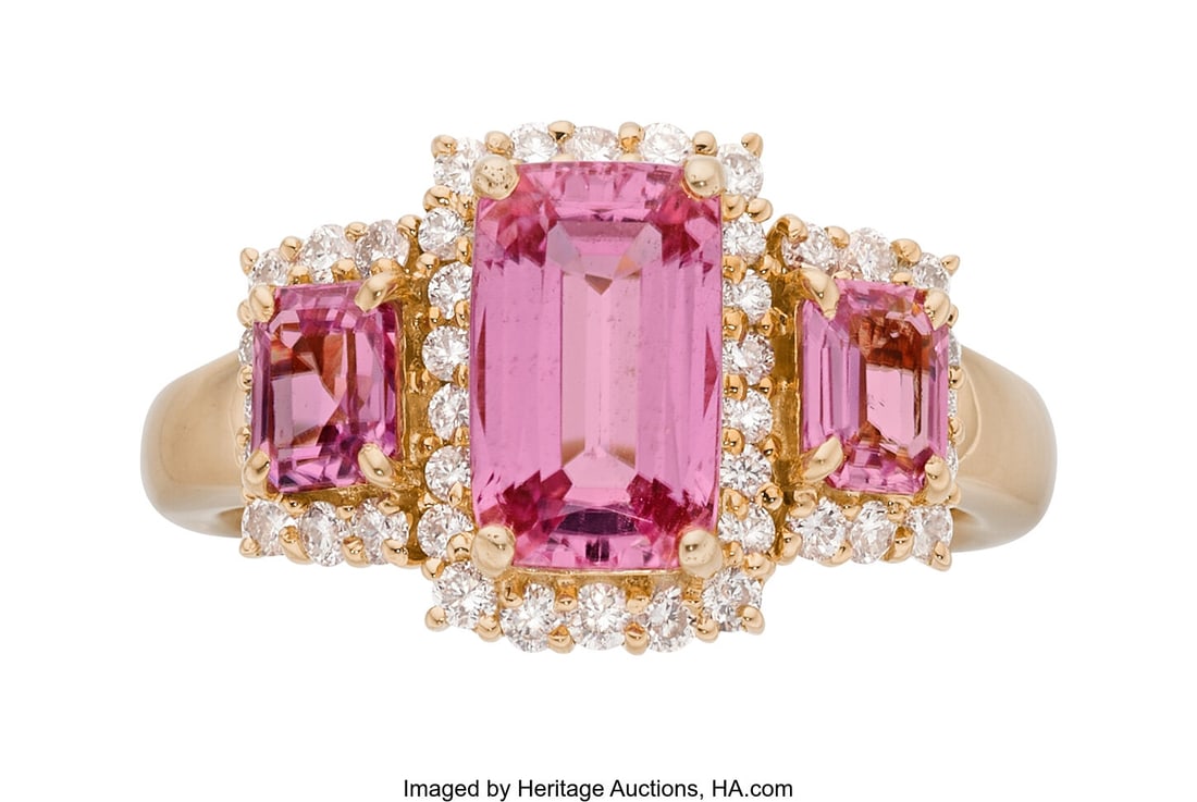 Pink Sapphire, Diamond, Rose Gold Ring Stones: : Pink Sapphire, Diamond, Rose Gold Ring Stones: Cushion-shaped pink sapphire weighing 2.60 carats; emerald-cut pink sapphires weighing a total of 0.88 carat; f