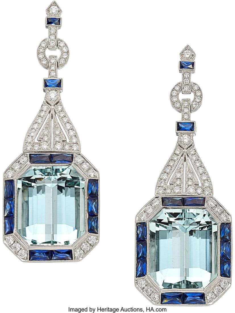 Sabrina Aquamarine, Sapphire, Diamond, Platinum: Sabrina Aquamarine, Sapphire, Diamond, Platinum Earrings Stones: Rectangular-shaped aquamarines weighing a total of 11.81 carats; rectangular-shaped and French-cut 